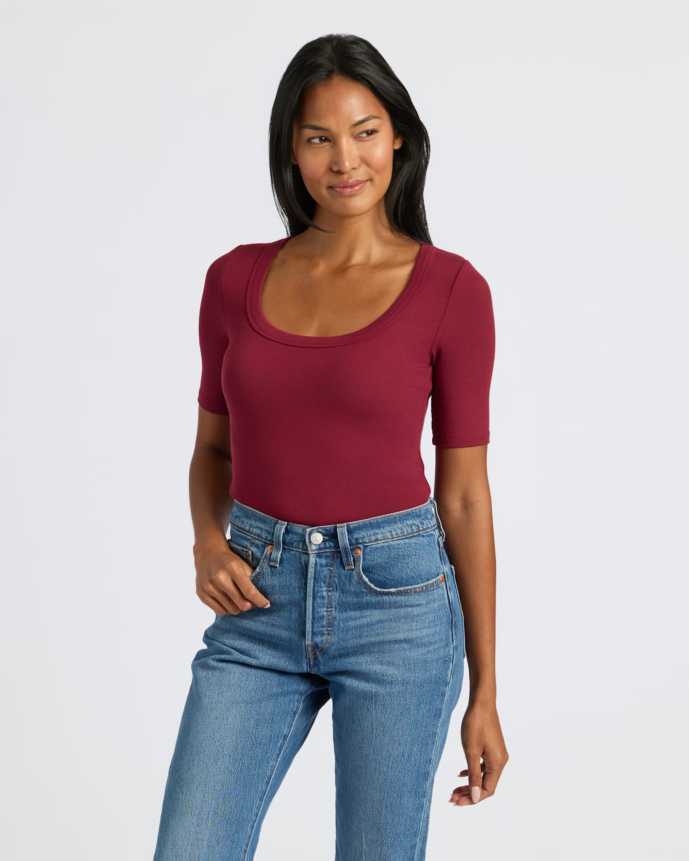 Womens Dark Maroon Ribbed 3/4 Sleeve Scoop Neck Tee