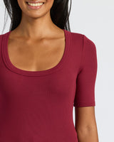Womens Dark Maroon Ribbed 3/4 Sleeve Scoop Neck Tee