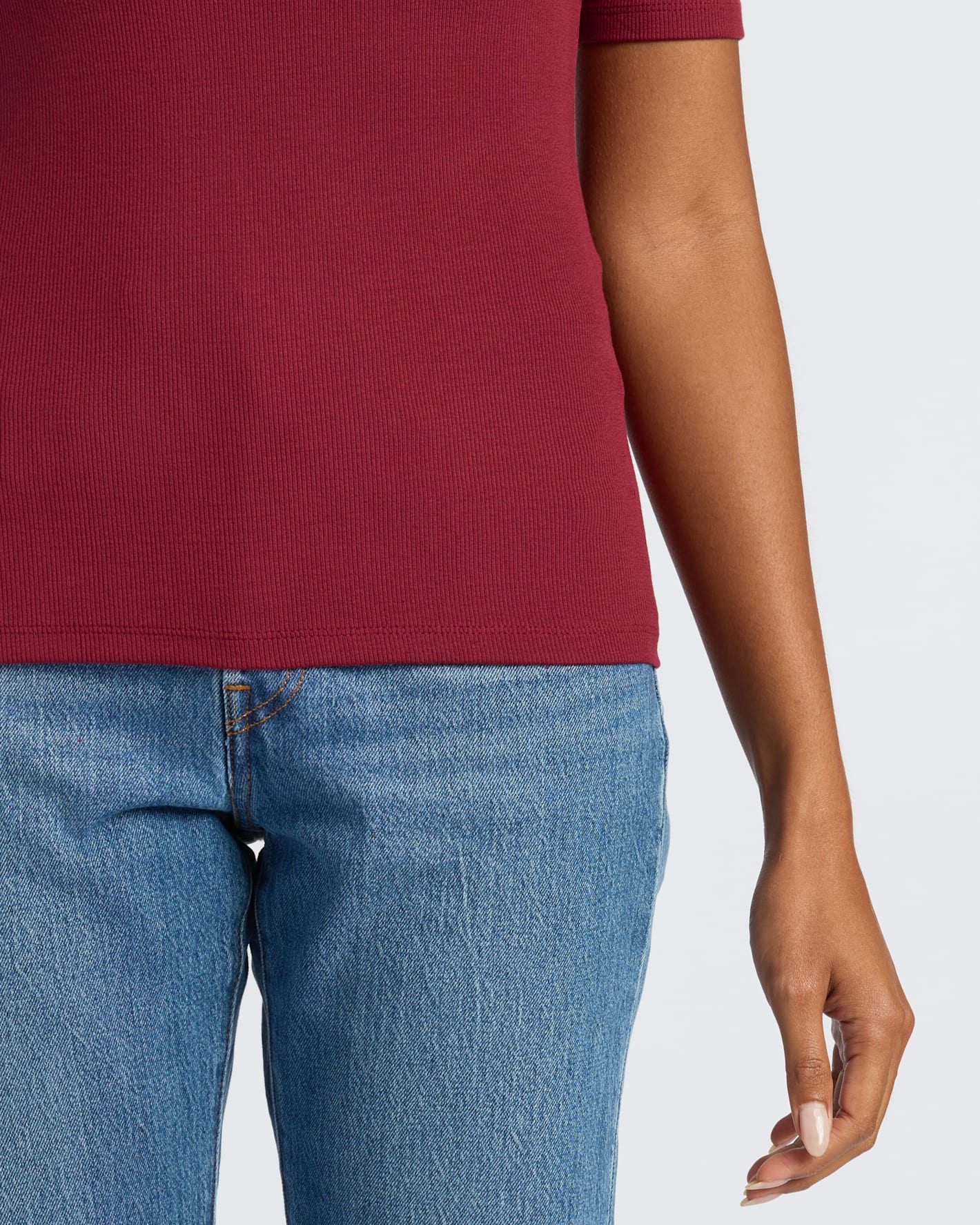 Womens Dark Maroon Ribbed 3/4 Sleeve Scoop Neck Tee