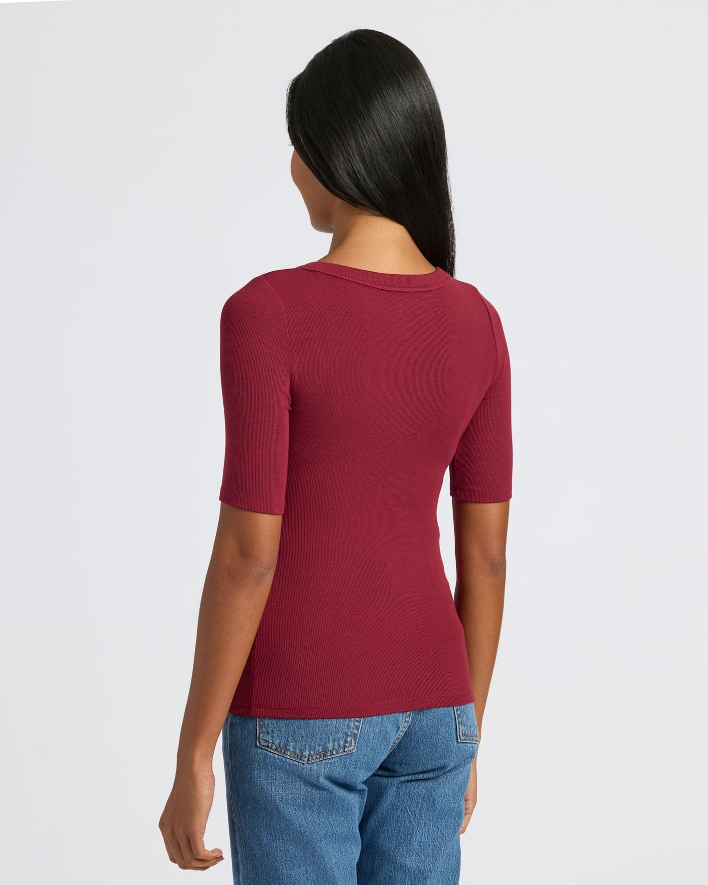 Womens Dark Maroon Ribbed 3/4 Sleeve Scoop Neck Tee