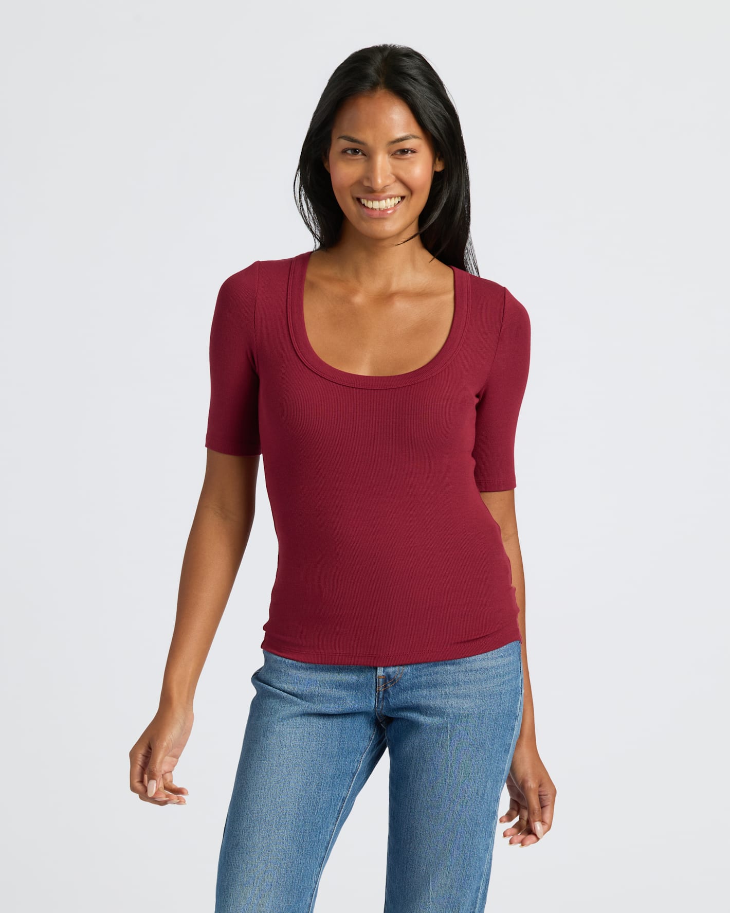 Womens Dark Maroon Ribbed 3/4 Sleeve Scoop Neck Tee