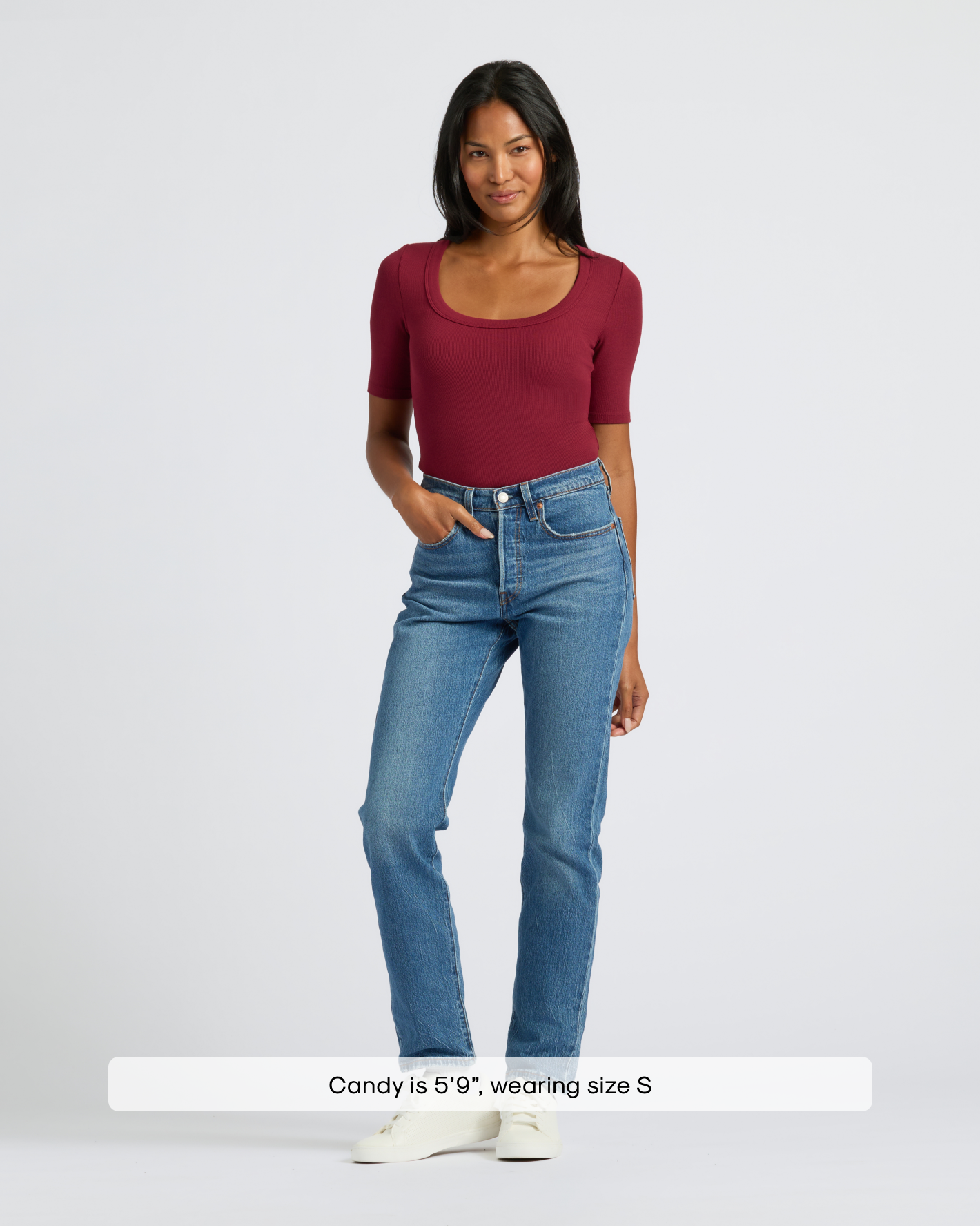 Womens Dark Maroon Ribbed 3/4 Sleeve Scoop Neck Tee