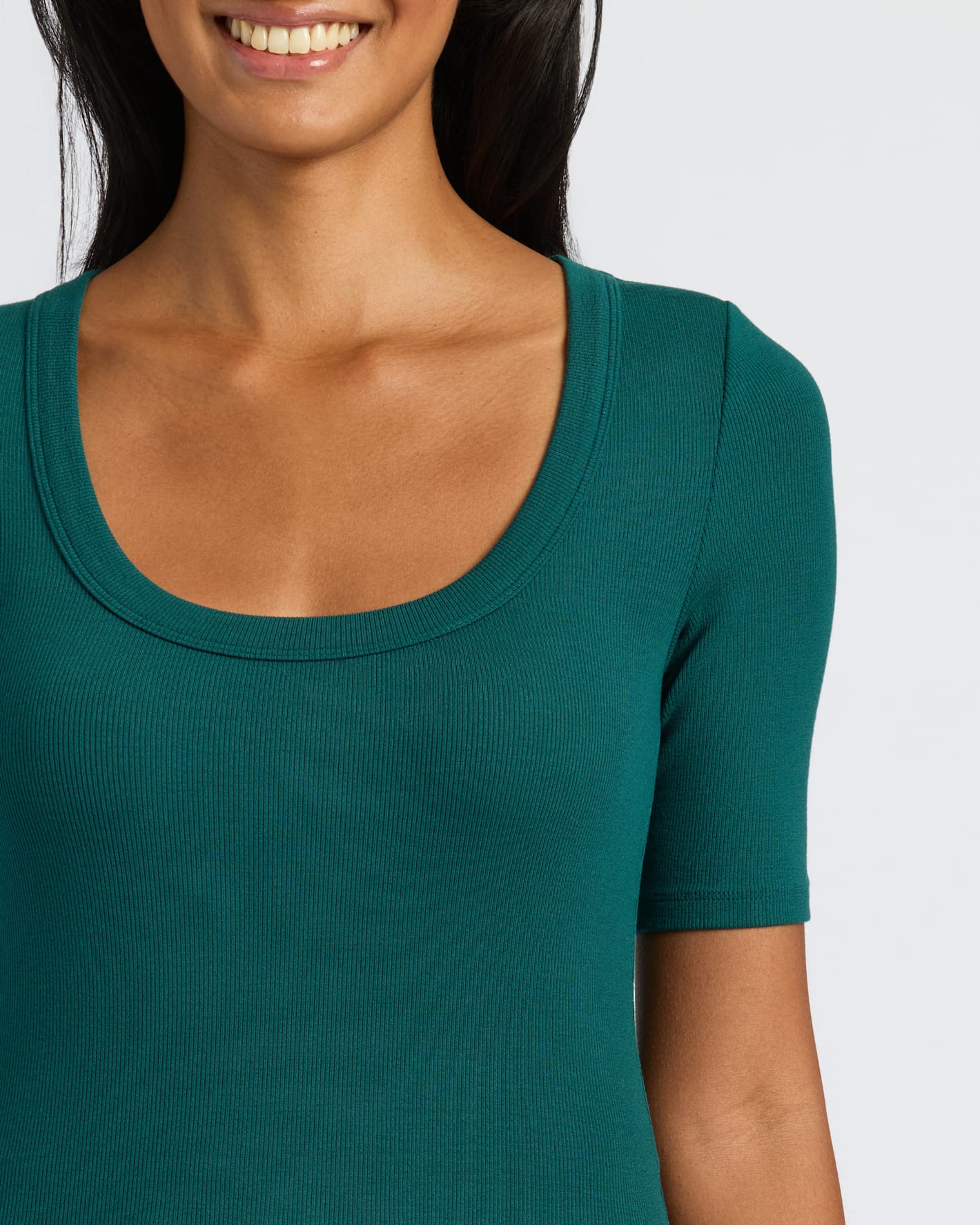 Womens Deep Emerald Ribbed 3/4 Sleeve Scoop Neck Tee