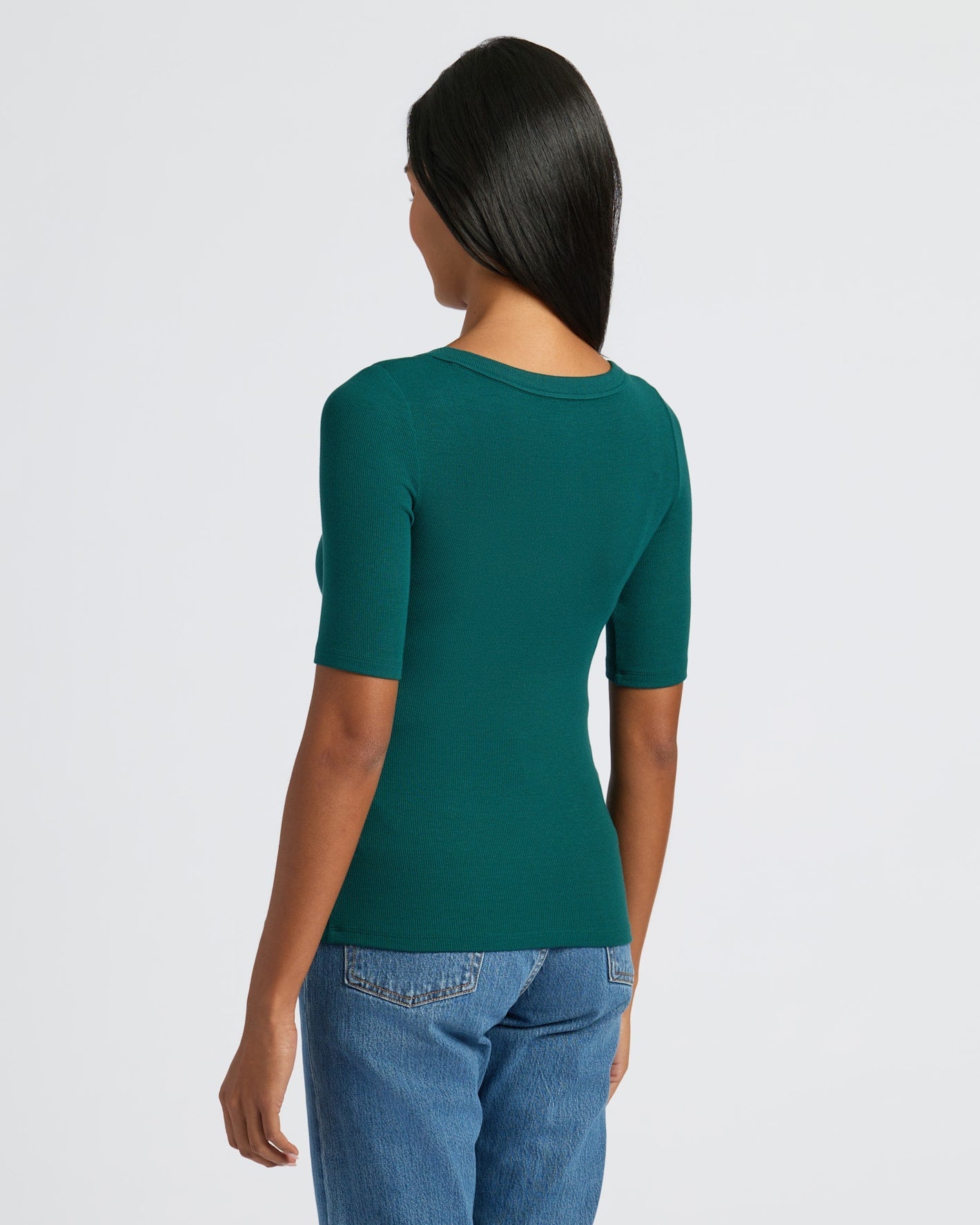 Womens Deep Emerald Ribbed 3/4 Sleeve Scoop Neck Tee