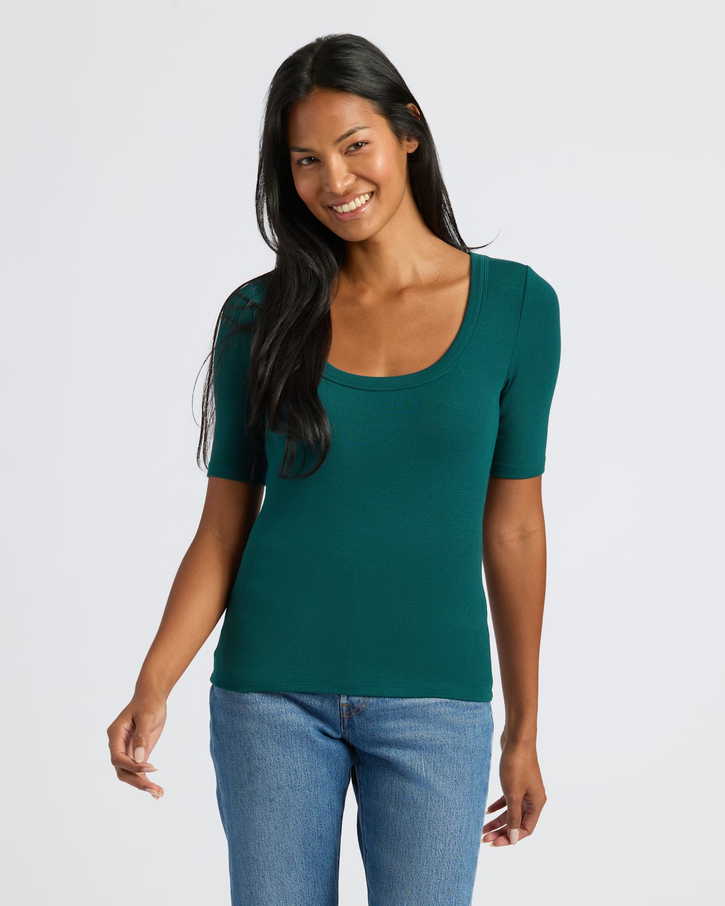 Womens Deep Emerald Ribbed 3/4 Sleeve Scoop Neck Tee