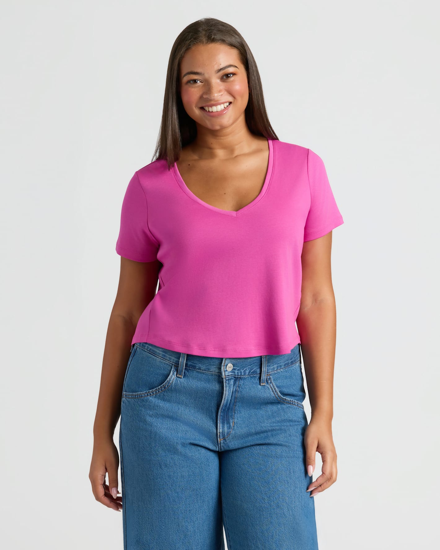 Womens Electric Fuchsia Cropped Boxy V-Neck Tee