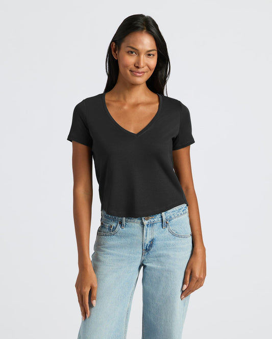 Womens Black Cropped Boxy V-Neck Tee