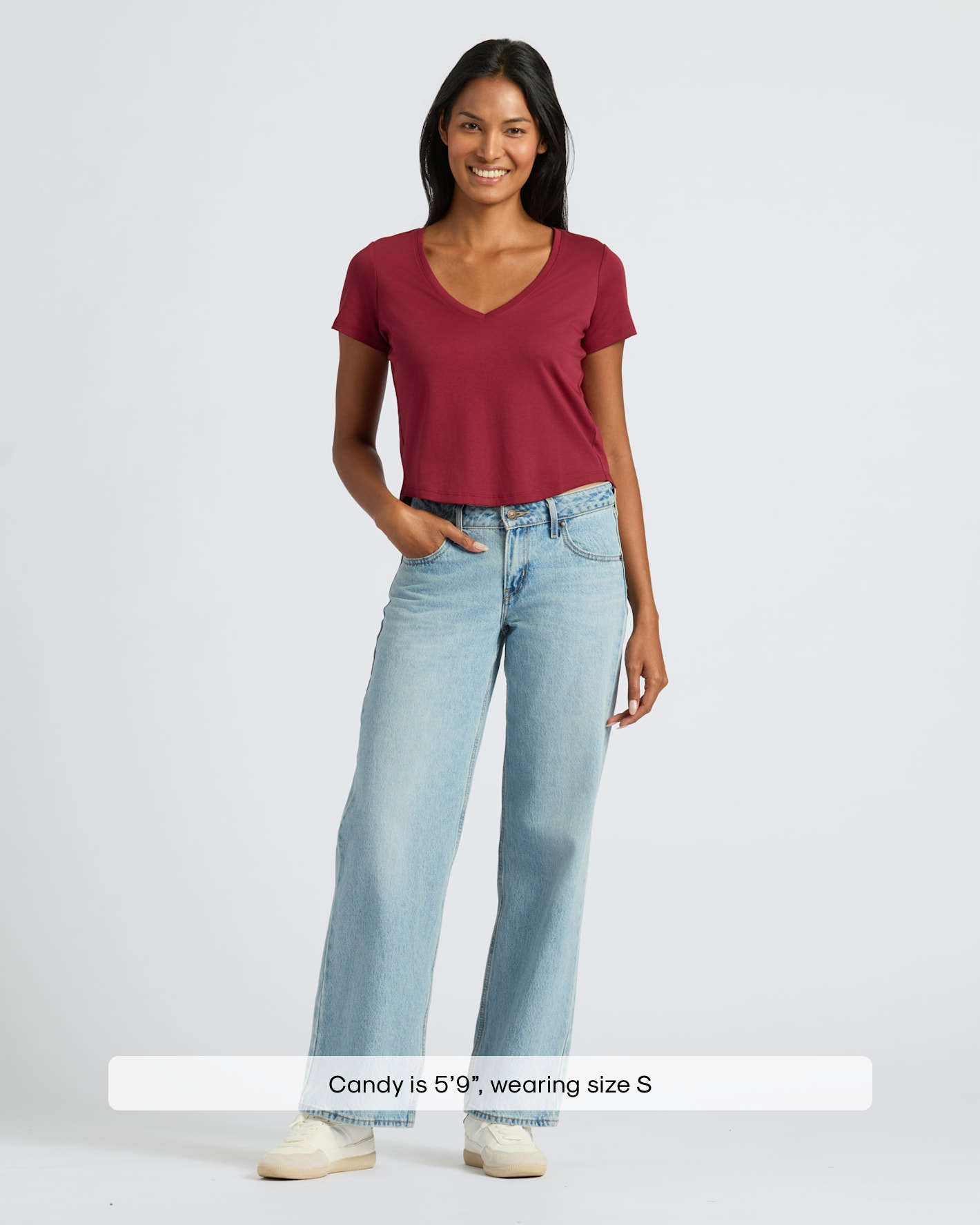 Womens Dark Maroon Cropped Boxy V-Neck Tee