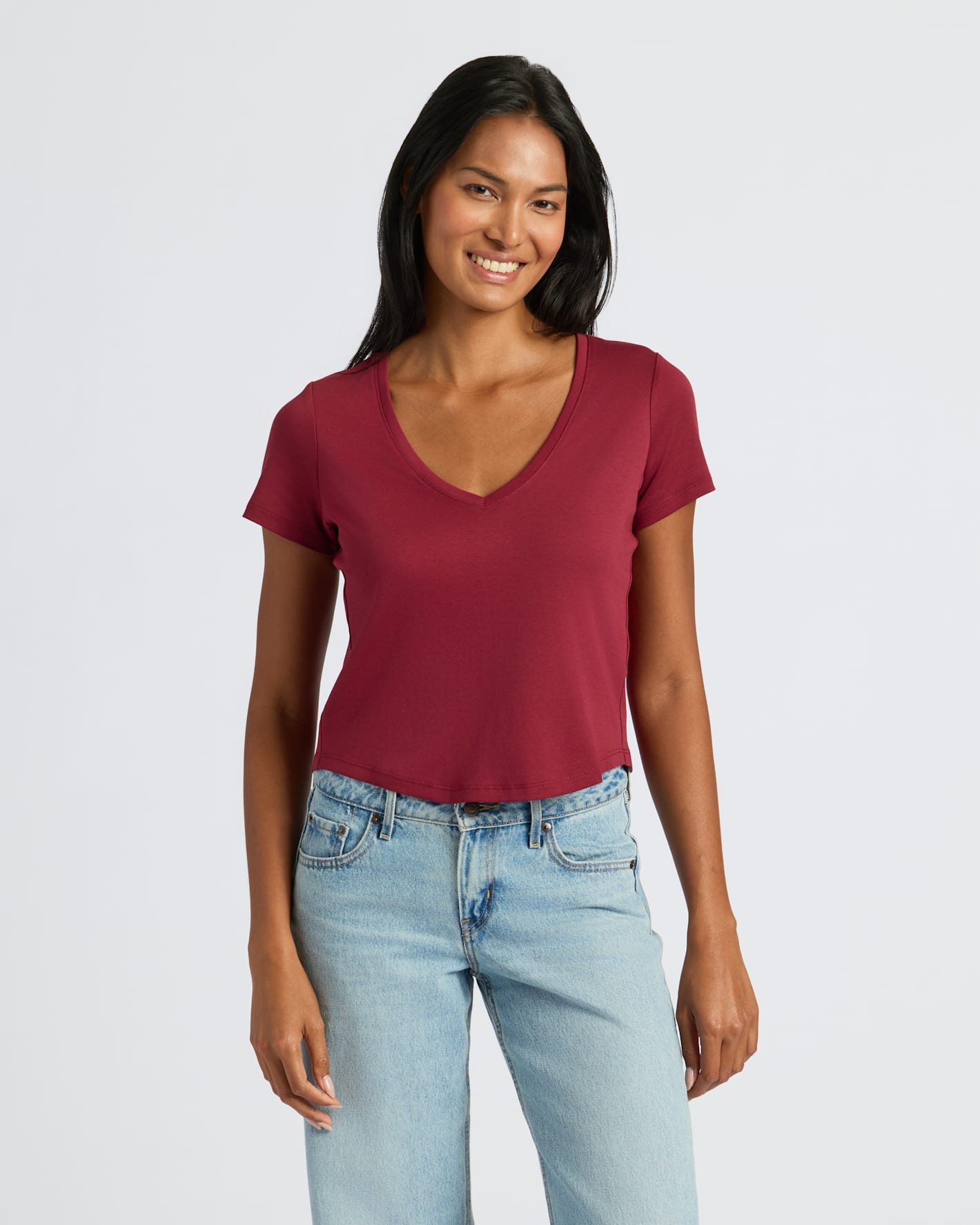 Womens Dark Maroon Cropped Boxy V-Neck Tee