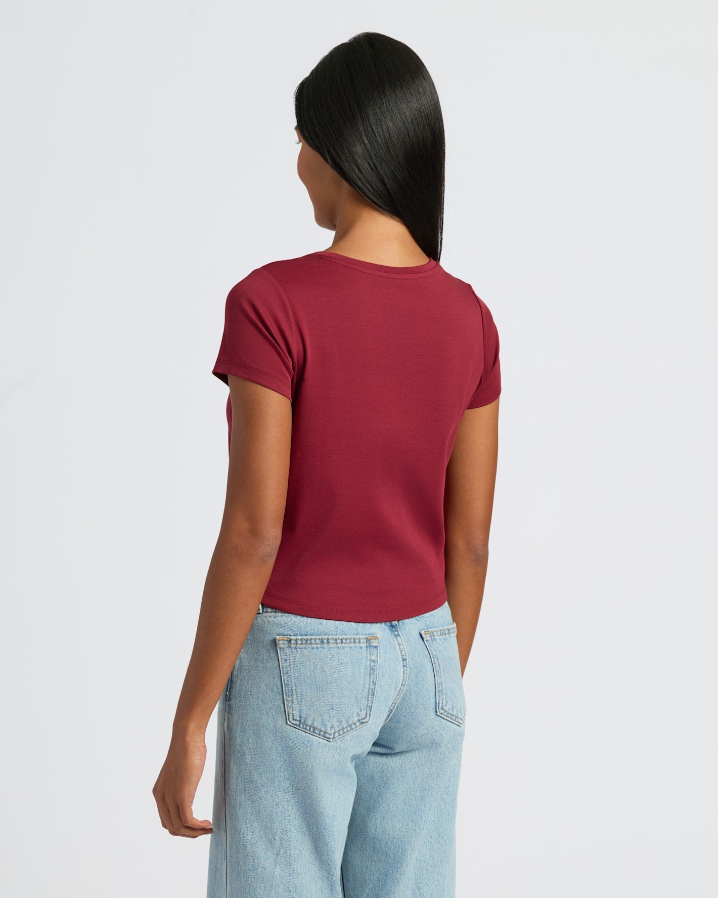 Womens Dark Maroon Cropped Boxy V-Neck Tee