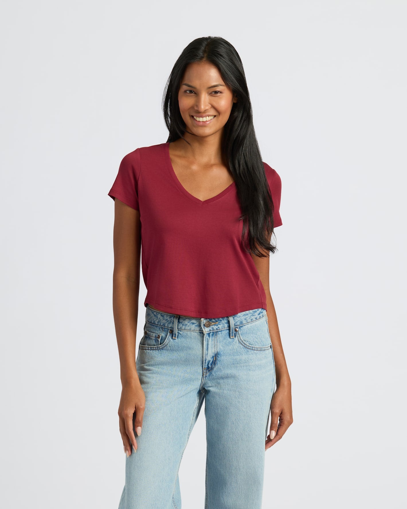 Womens Dark Maroon Cropped Boxy V-Neck Tee