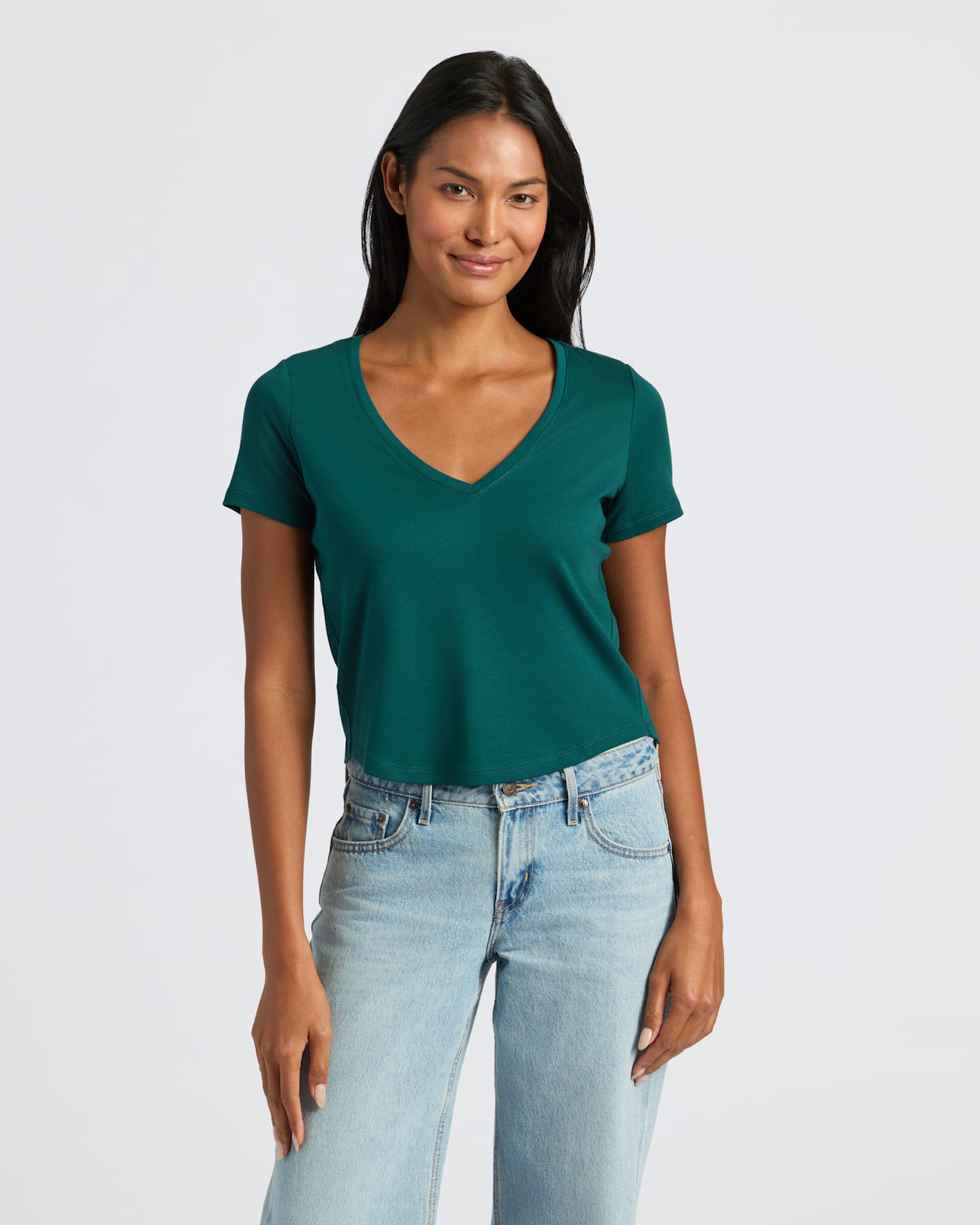 Womens Deep Emerald Cropped Boxy V-Neck Tee