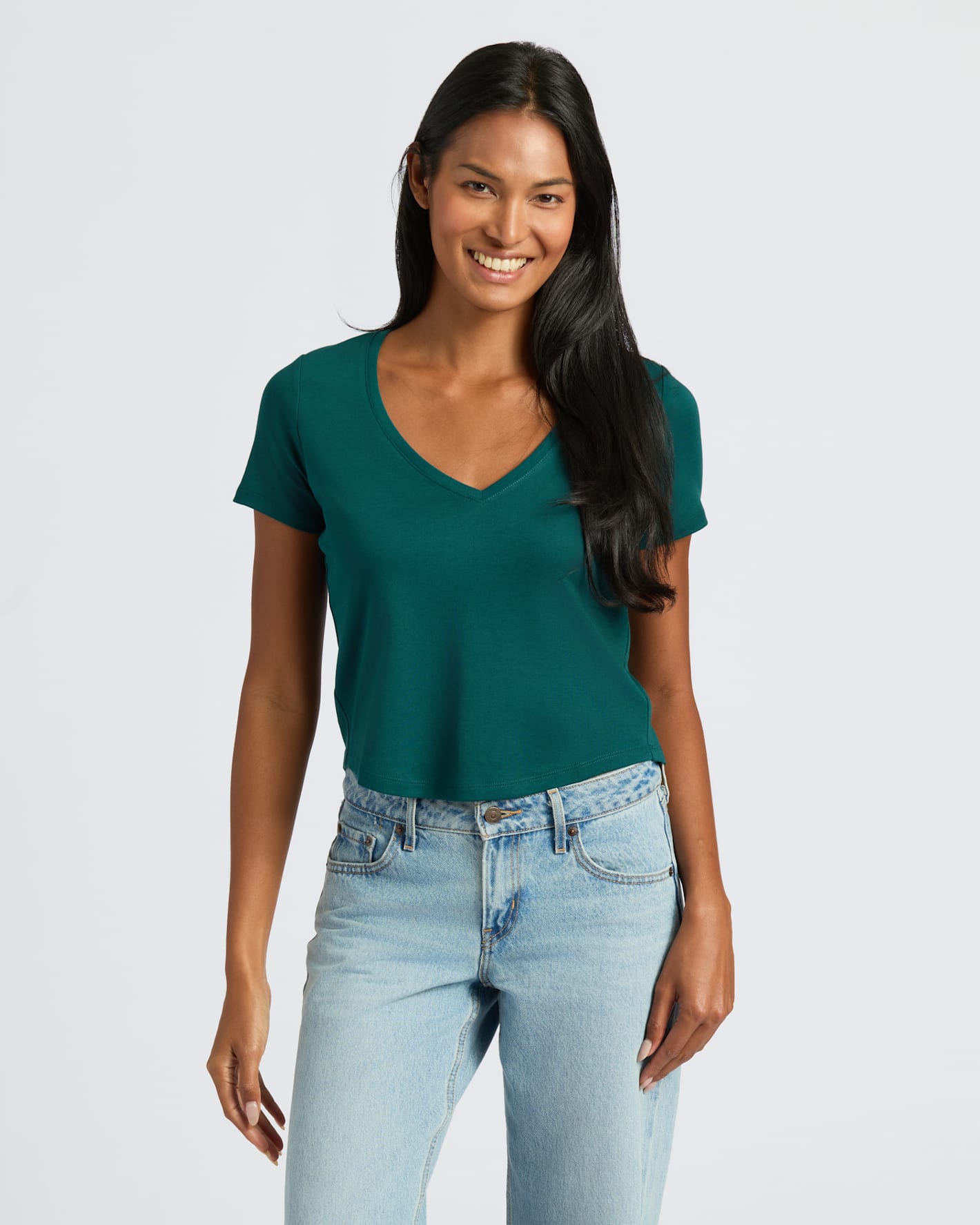 Womens Deep Emerald Cropped Boxy V-Neck Tee