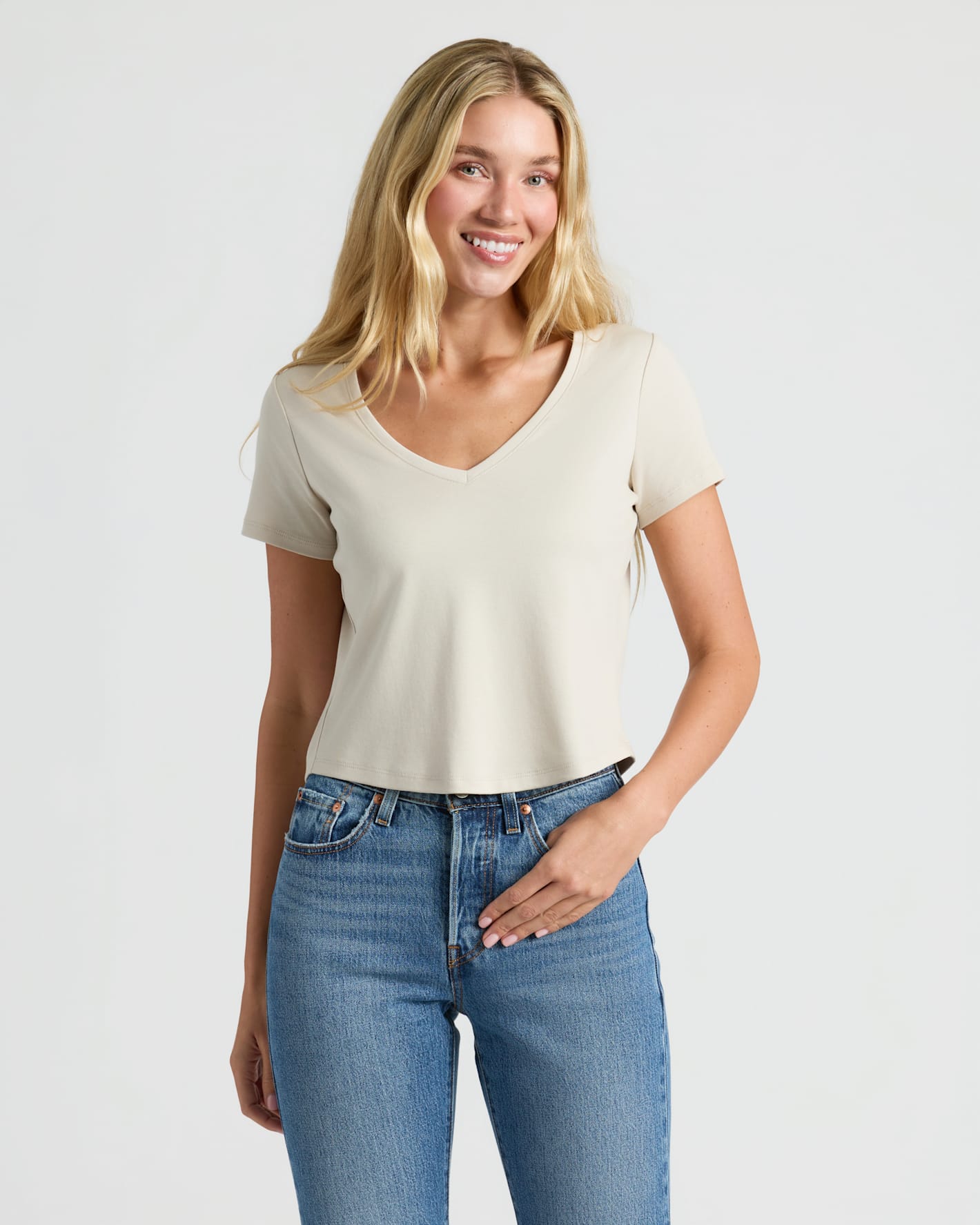 Womens Oatmeal Cropped Boxy V-Neck Tee