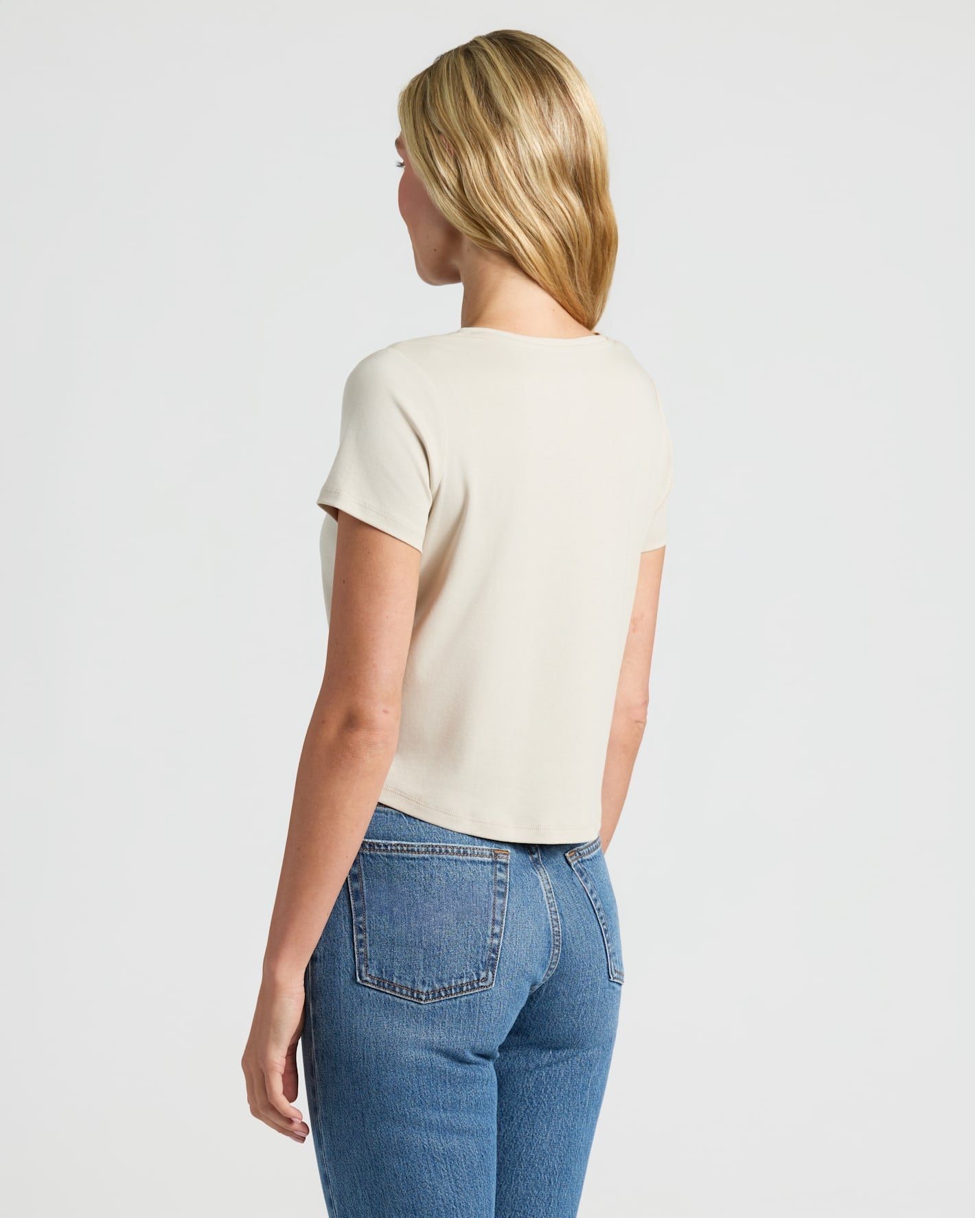 Womens Oatmeal Cropped Boxy V-Neck Tee