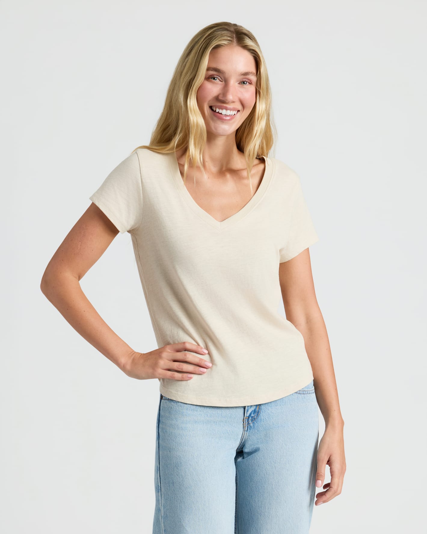 Womens Oatmeal Relaxed Slub V-Neck Tee