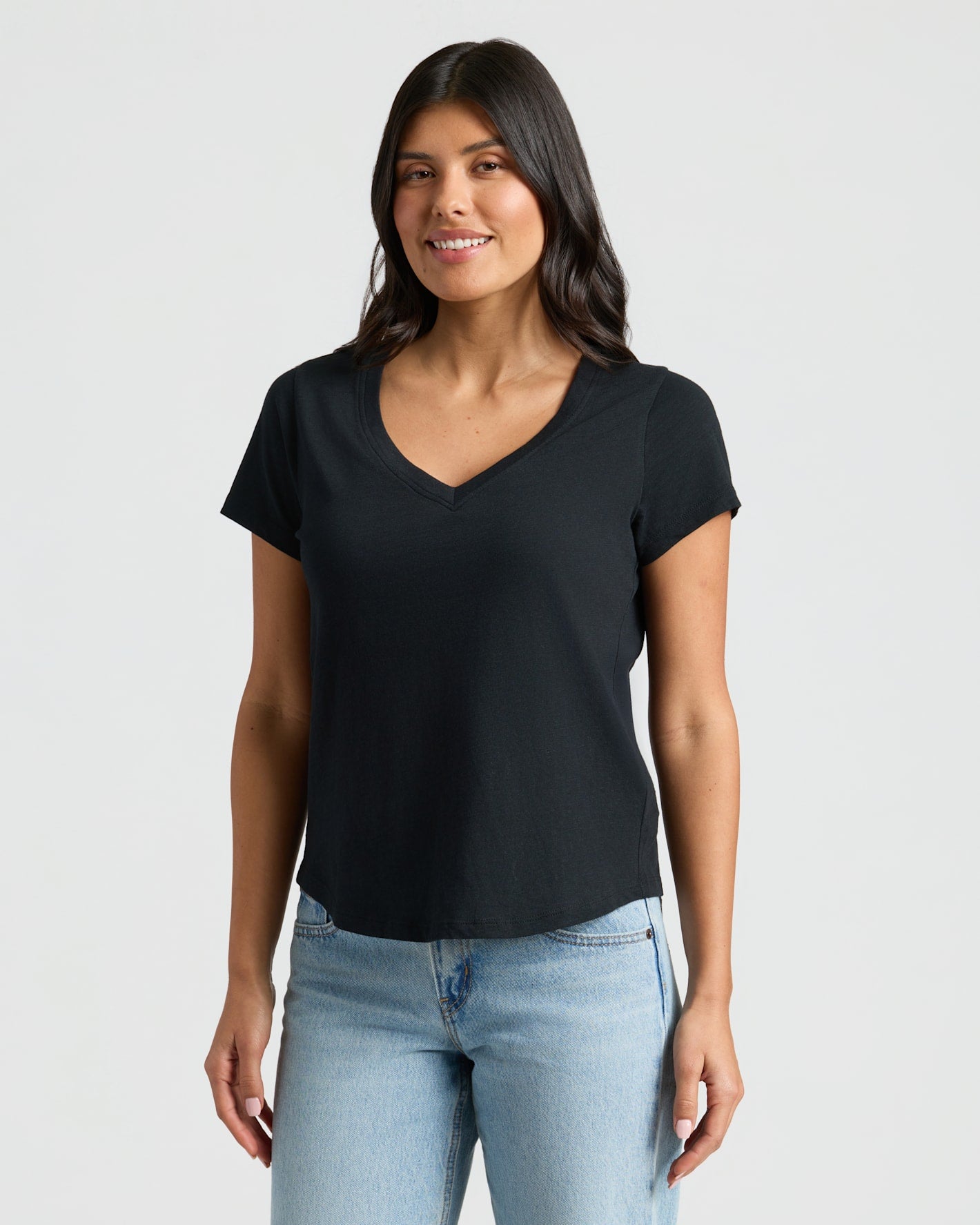 Womens Black Relaxed Slub V-Neck Tee