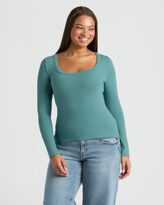 Womens Stormcloud Ribbed Long Sleeve Scoop Neck Tee