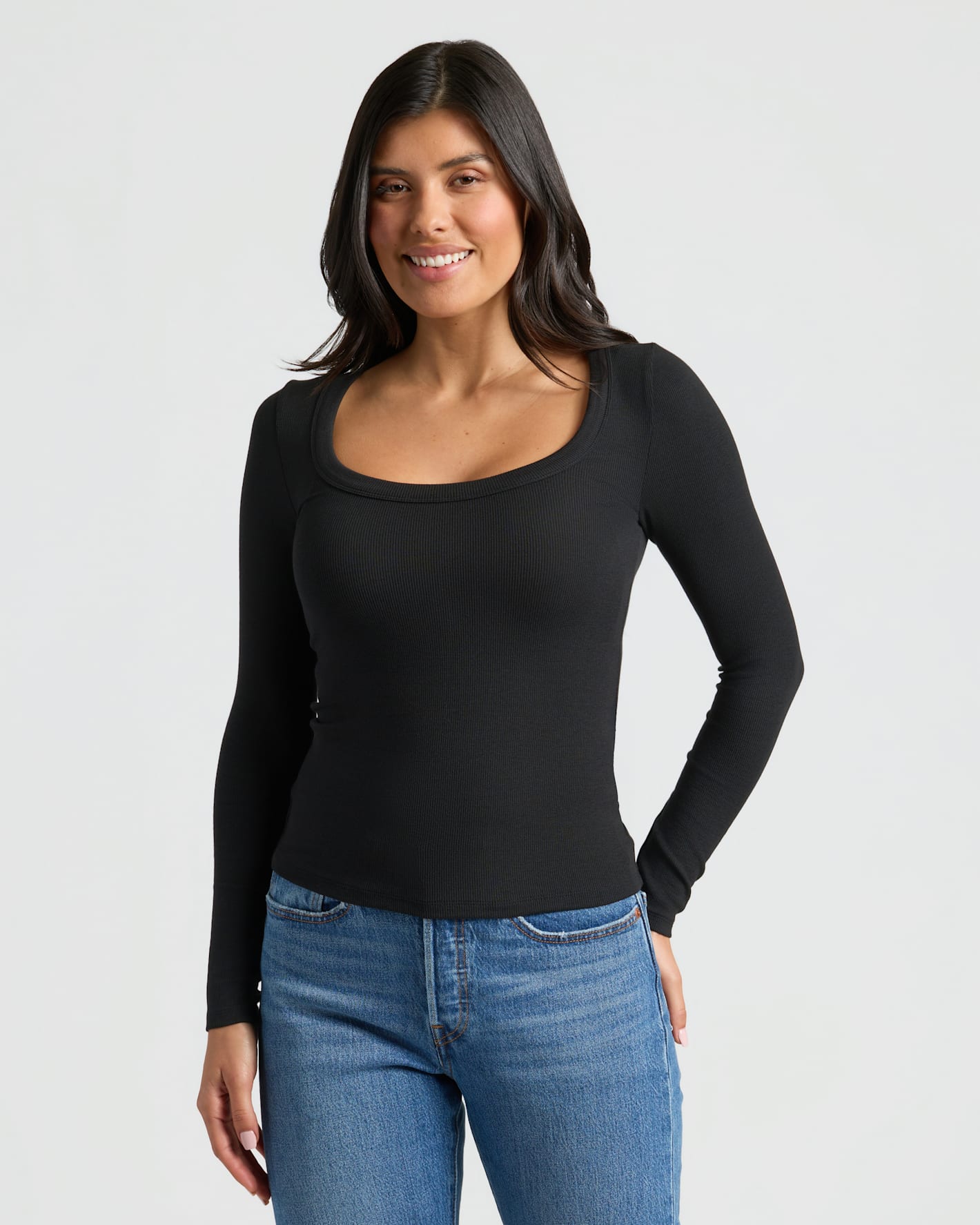 Womens Black Ribbed Long Sleeve Scoop Neck Tee