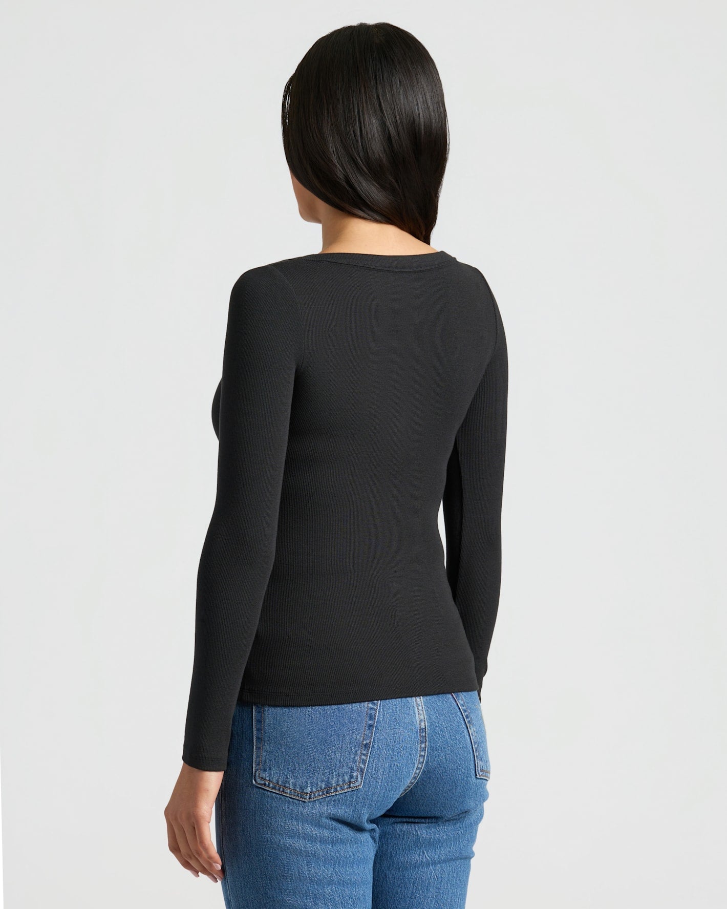Womens Black Ribbed Long Sleeve Scoop Neck Tee