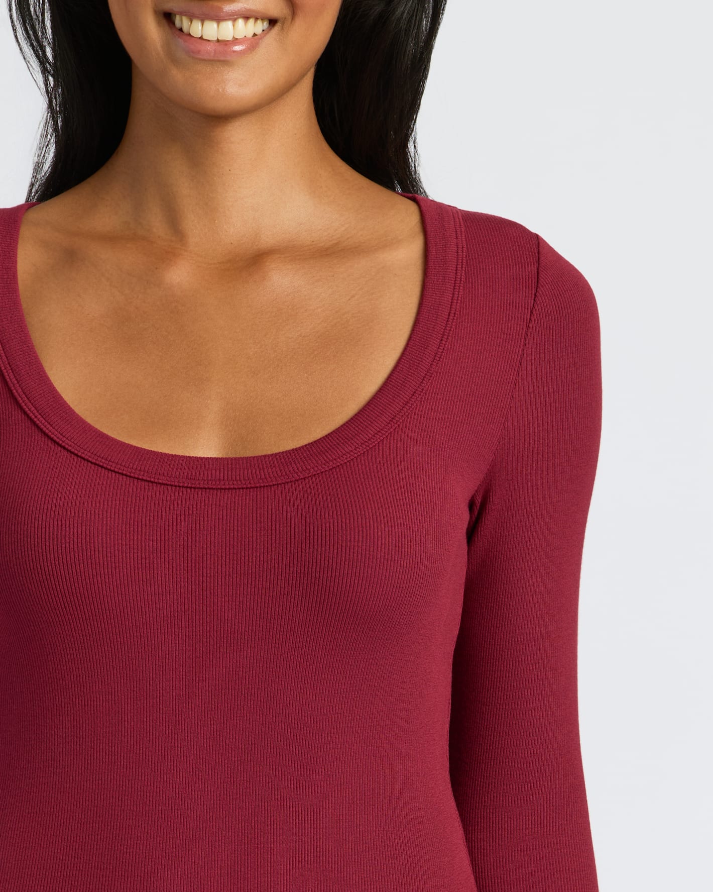 Womens Dark Maroon Ribbed Long Sleeve Scoop Neck Tee