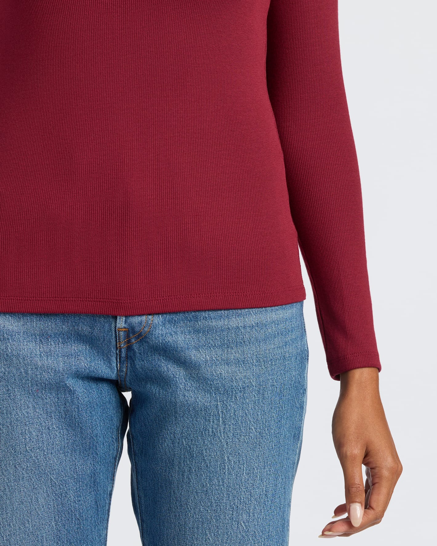 Womens Dark Maroon Ribbed Long Sleeve Scoop Neck Tee