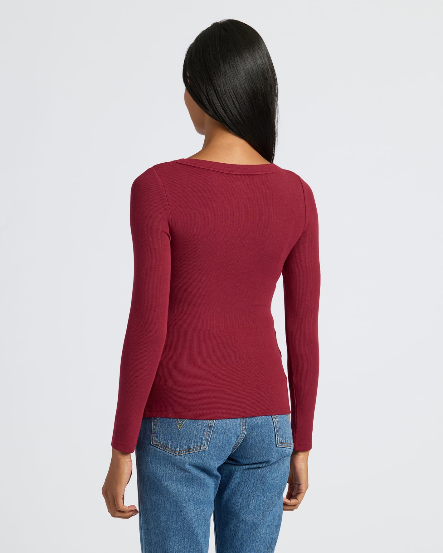Womens Dark Maroon Ribbed Long Sleeve Scoop Neck Tee
