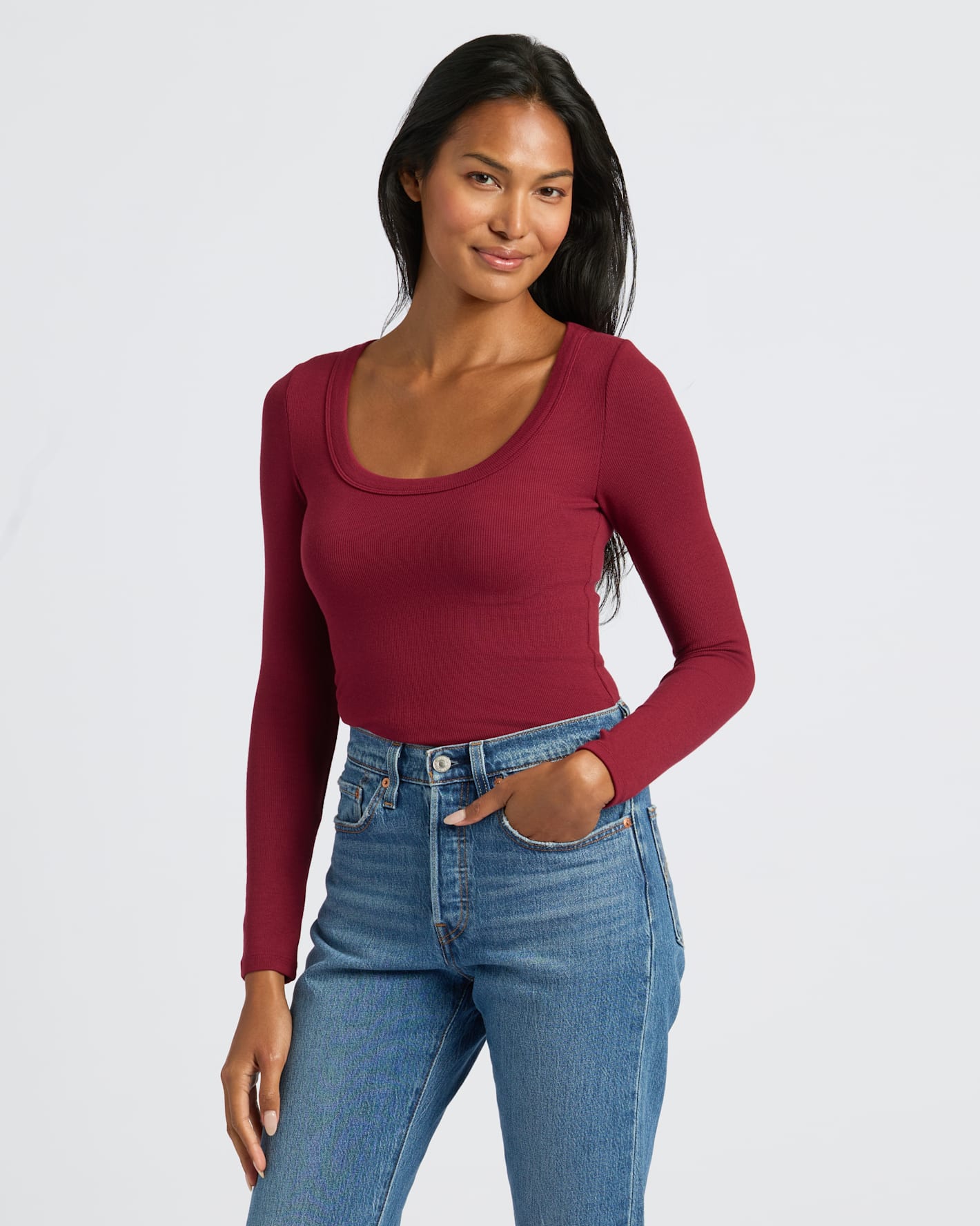 Womens Dark Maroon Ribbed Long Sleeve Scoop Neck Tee
