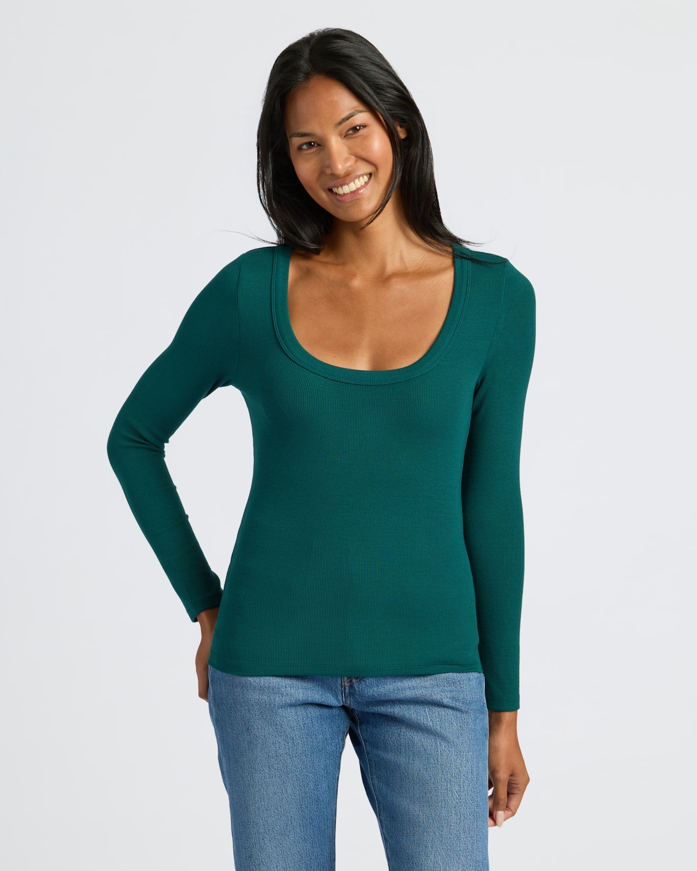 Womens Deep Emerald Ribbed Long Sleeve Scoop Neck Tee