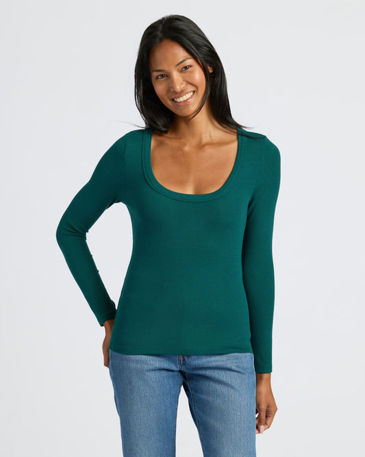Womens Deep Emerald Ribbed Long Sleeve Scoop Neck Tee