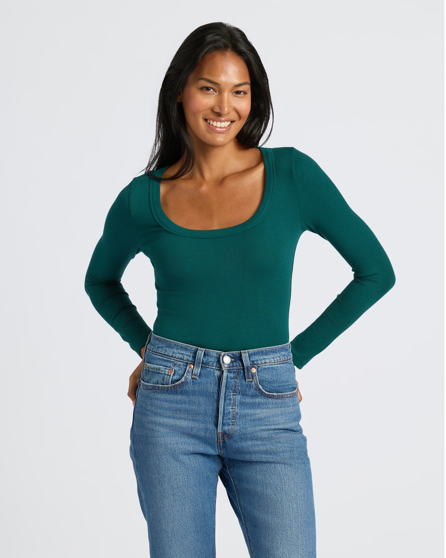 Womens Deep Emerald Ribbed Long Sleeve Scoop Neck Tee