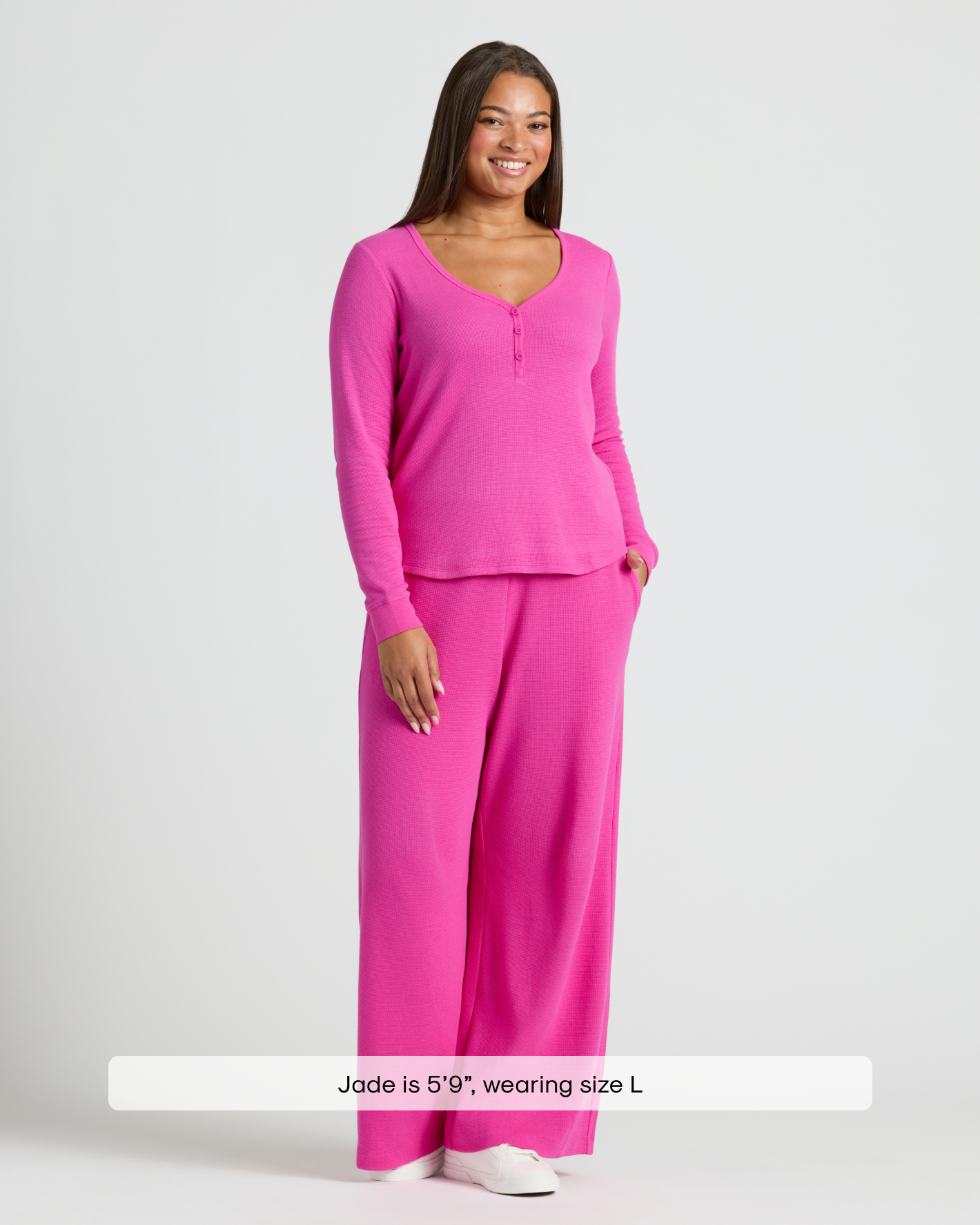 Womens Electric Fuchsia Waffle Long Sleeve Boxy Henley