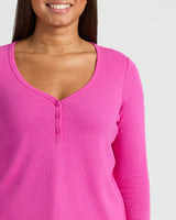 Womens Electric Fuchsia Waffle Long Sleeve Boxy Henley