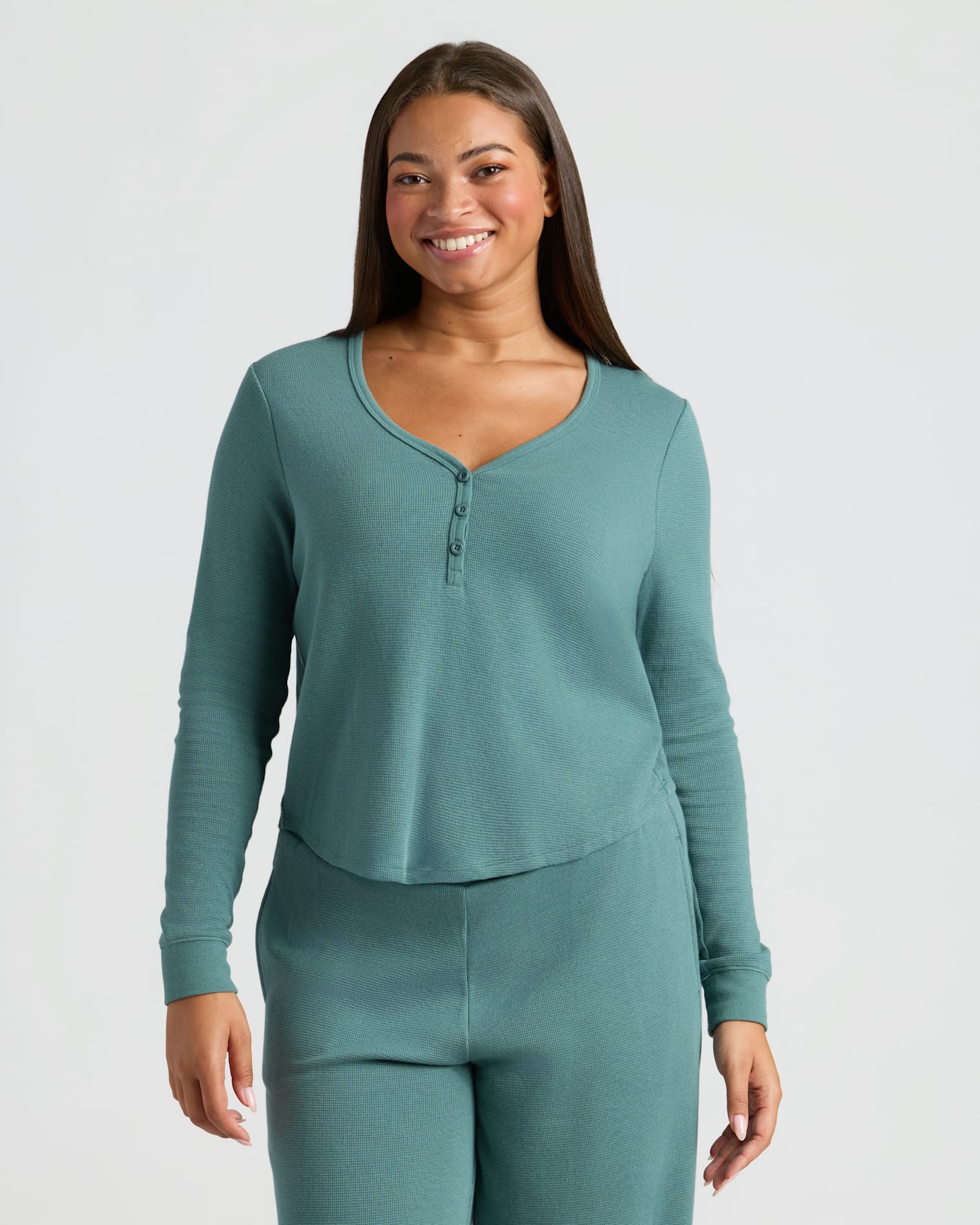 Womens Stormcloud Waffle Long Sleeve Boxy Henley