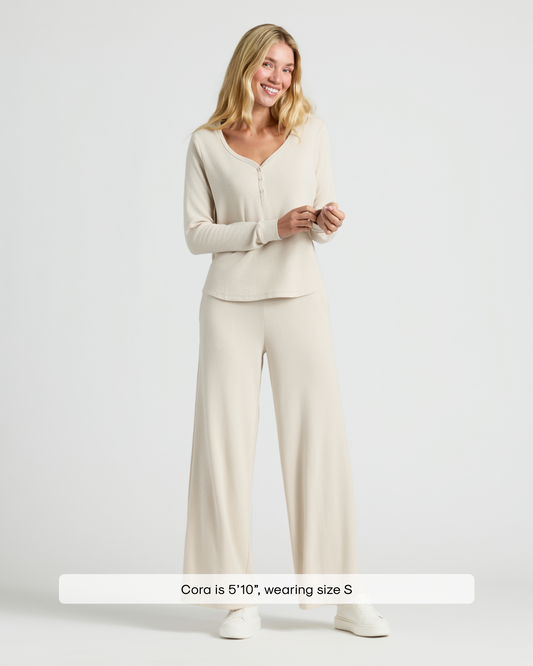 Womens Oatmeal Waffle Long Sleeve Boxy Henley