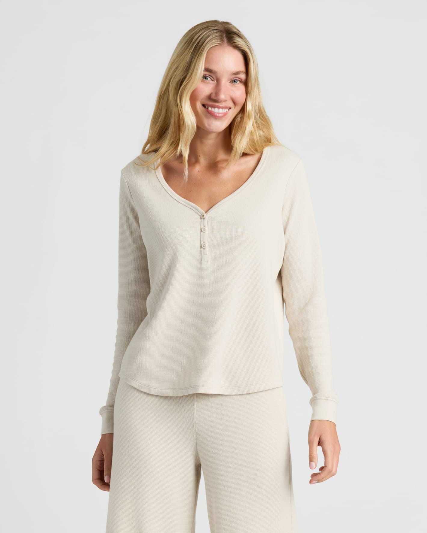 Womens Oatmeal Waffle Long Sleeve Boxy Henley