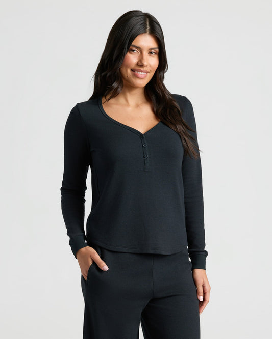 Womens Black Waffle Long Sleeve Boxy Henley