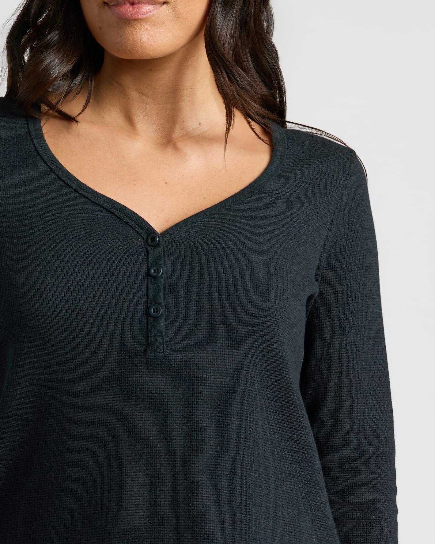 Womens Black Waffle Long Sleeve Boxy Henley