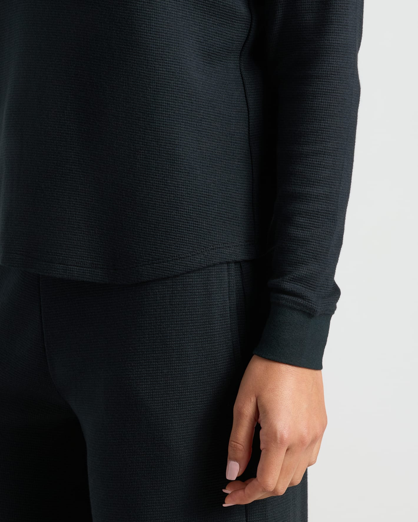 Womens Black Waffle Long Sleeve Boxy Henley