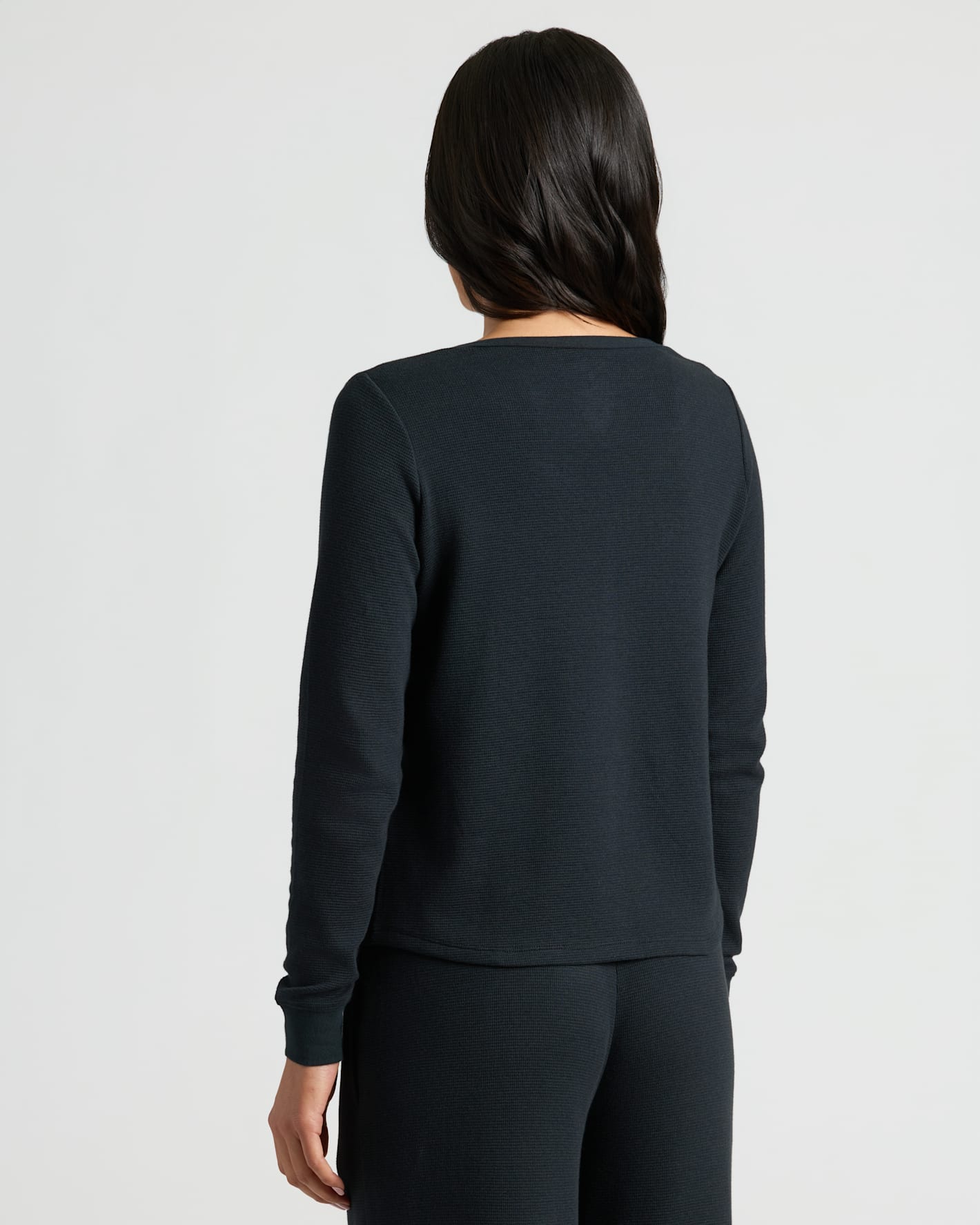 Womens Black Waffle Long Sleeve Boxy Henley
