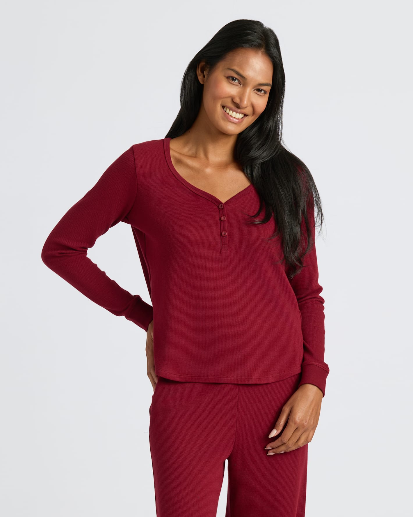 Womens Dark Maroon Waffle Long Sleeve Boxy Henley