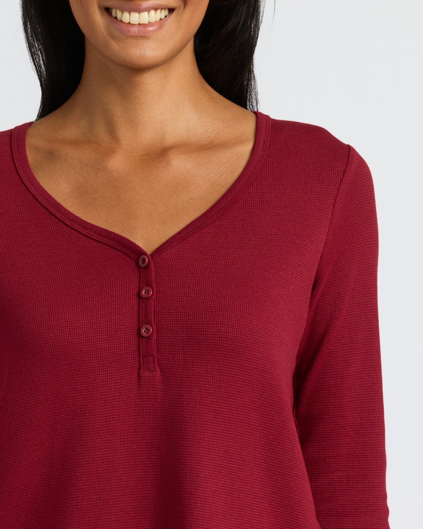 Womens Dark Maroon Waffle Long Sleeve Boxy Henley