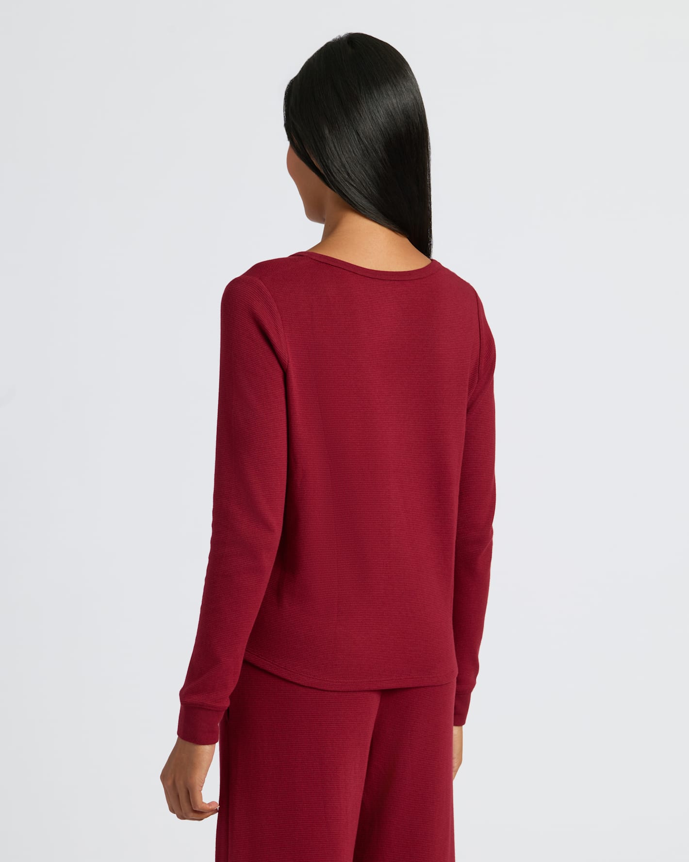 Womens Dark Maroon Waffle Long Sleeve Boxy Henley