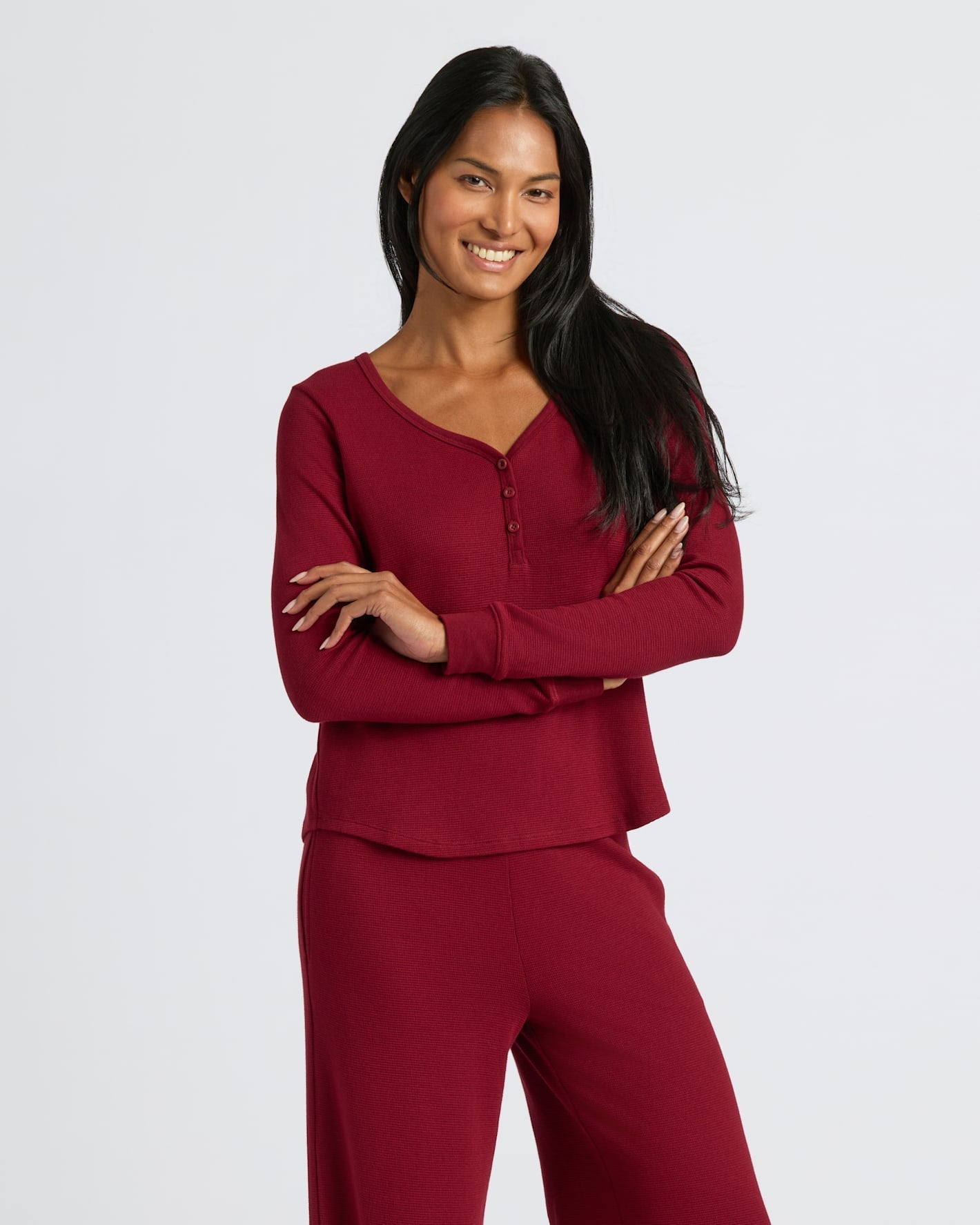 Womens Dark Maroon Waffle Long Sleeve Boxy Henley