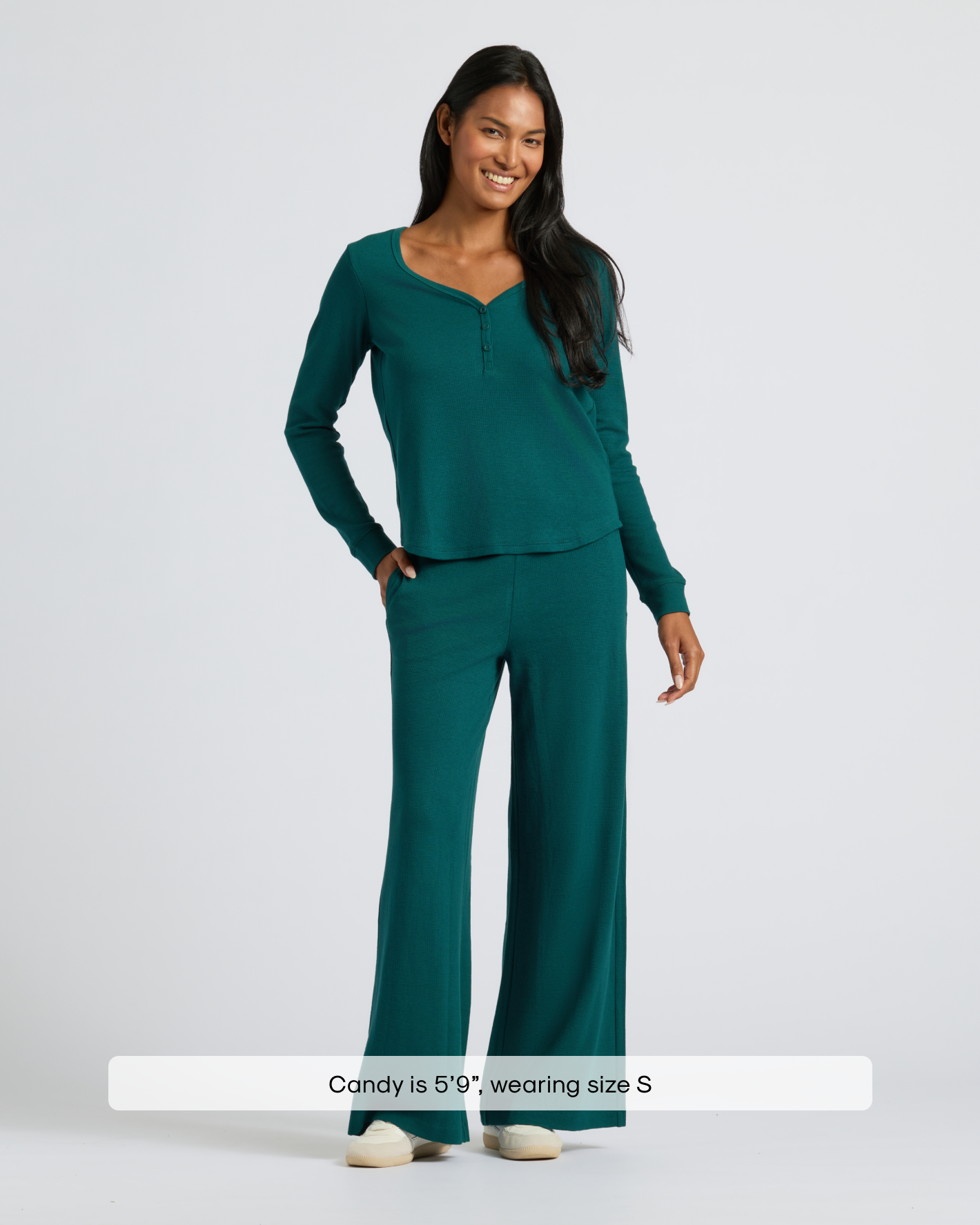 Womens Deep Emerald Waffle Long Sleeve Boxy Henley