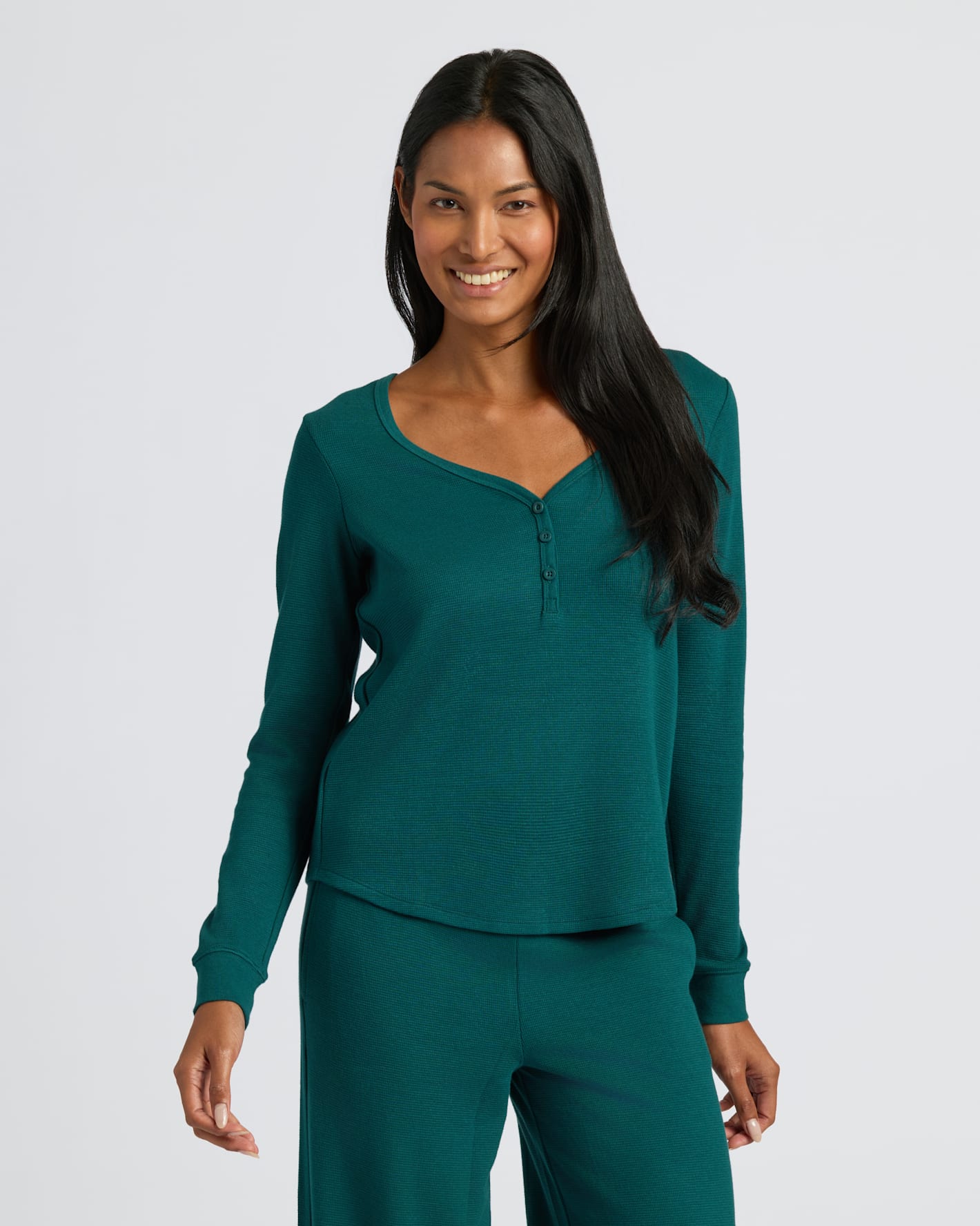 Womens Deep Emerald Waffle Long Sleeve Boxy Henley