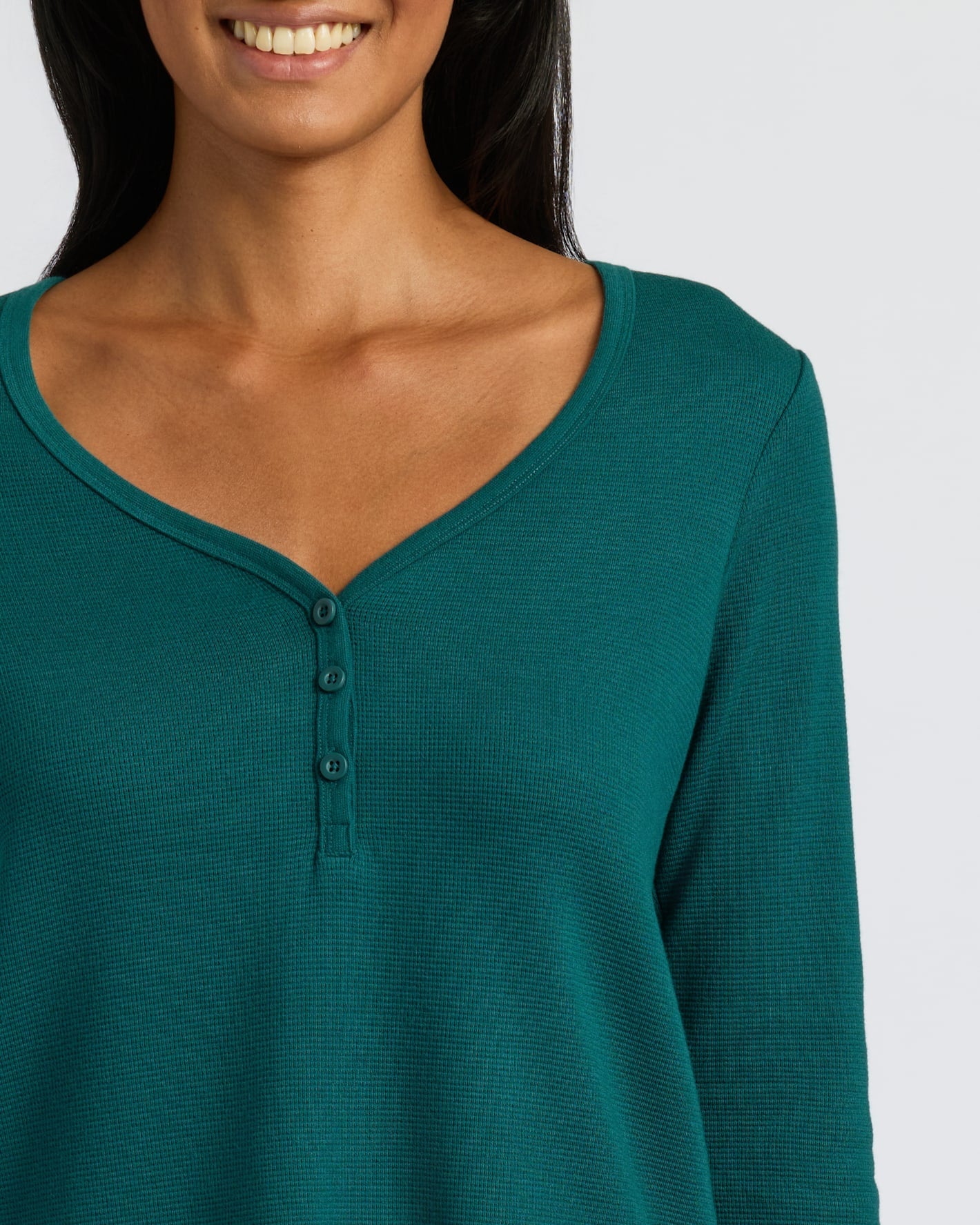 Womens Deep Emerald Waffle Long Sleeve Boxy Henley