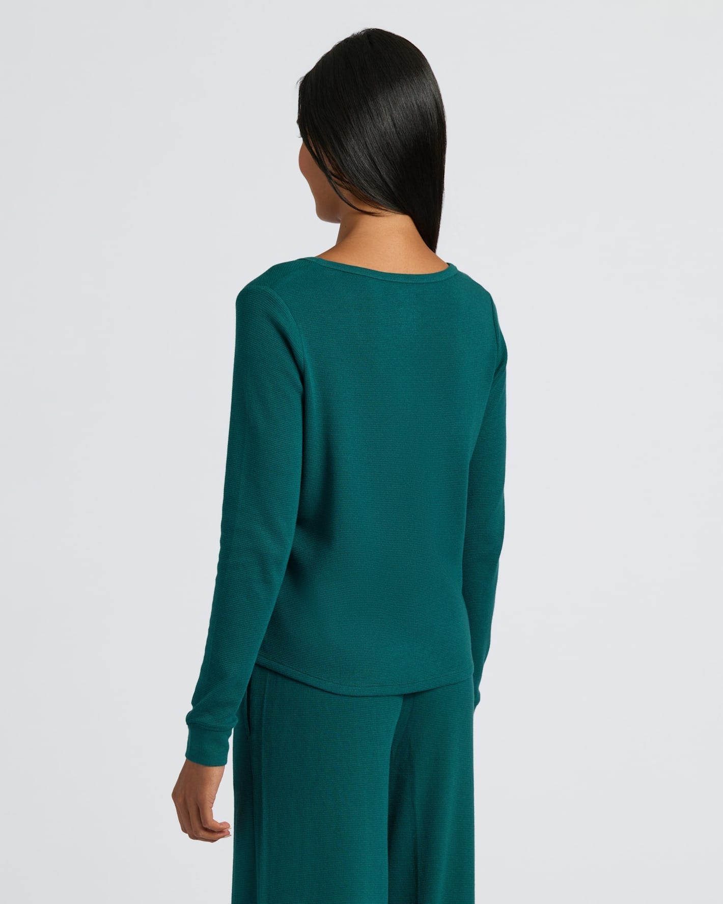 Womens Deep Emerald Waffle Long Sleeve Boxy Henley