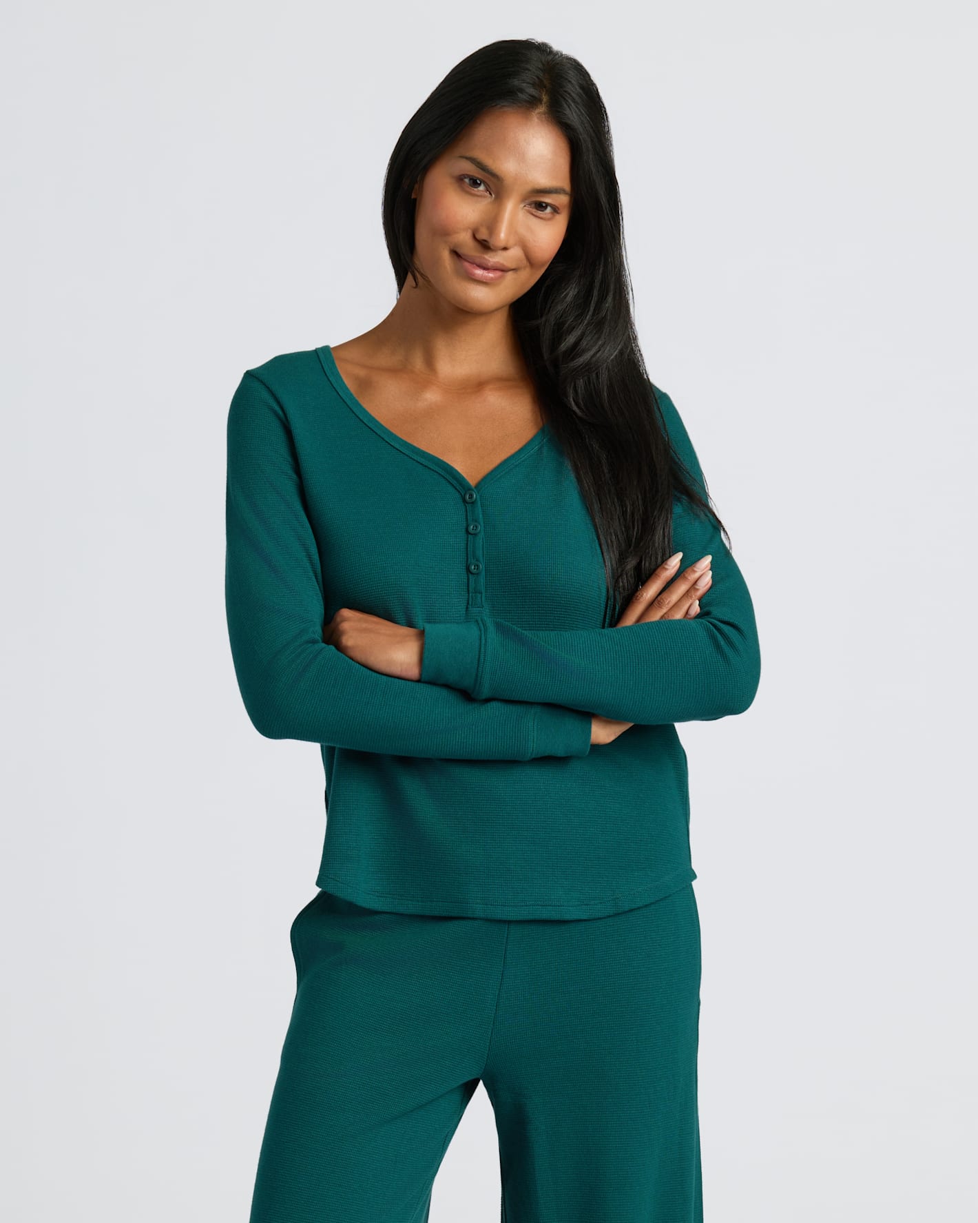Womens Deep Emerald Waffle Long Sleeve Boxy Henley