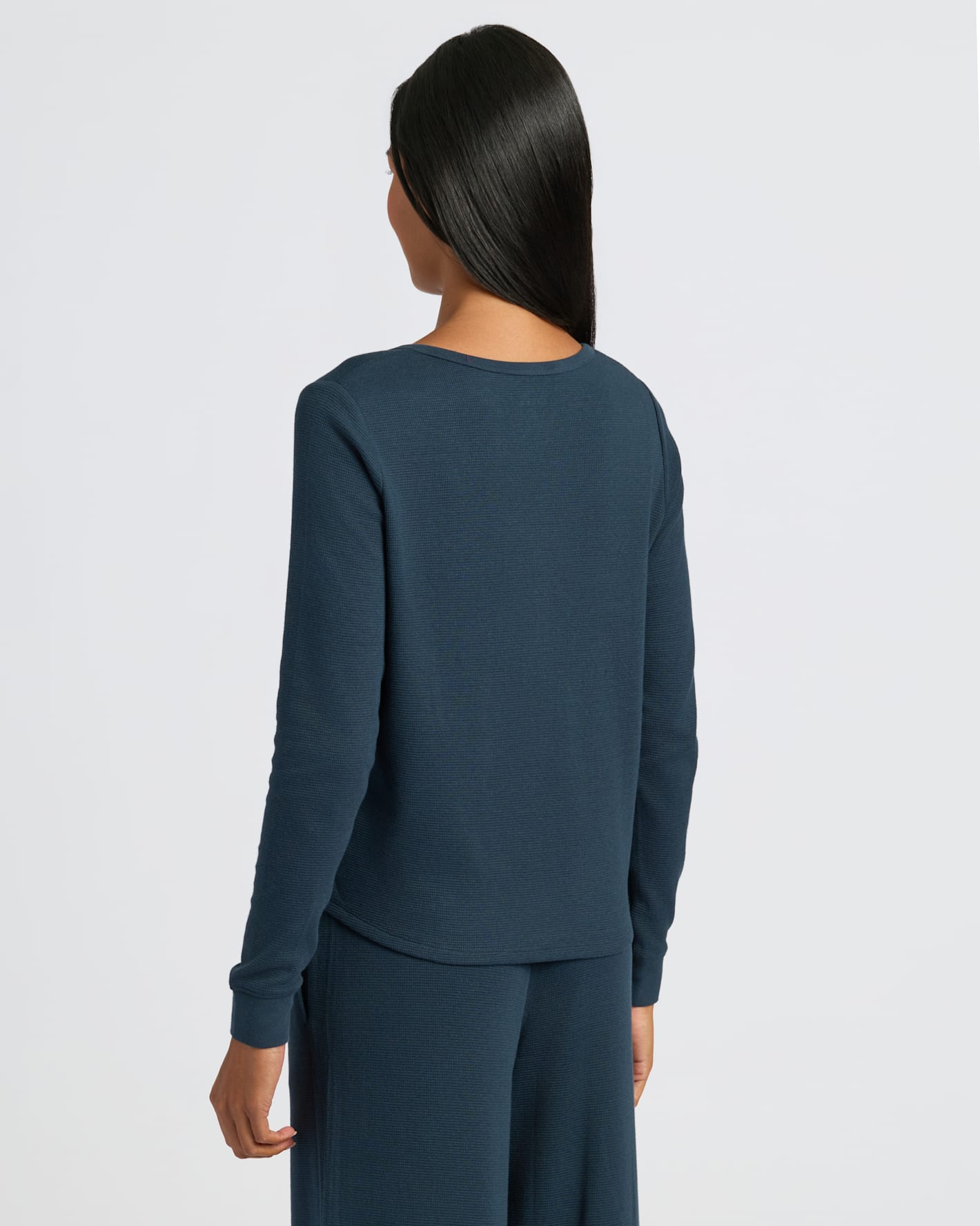 Womens Navy Waffle Long Sleeve Boxy Henley